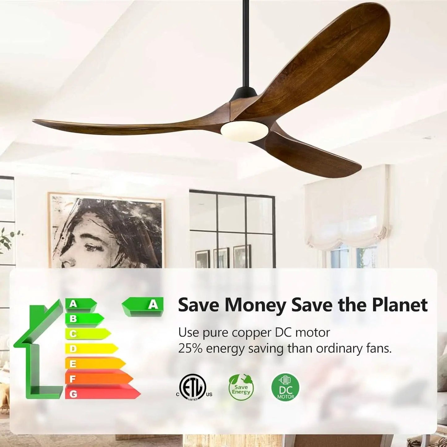 60 Inch Walnut Solid Wood Ceiling Fan Outdoor Weatherproof from PriceLows™