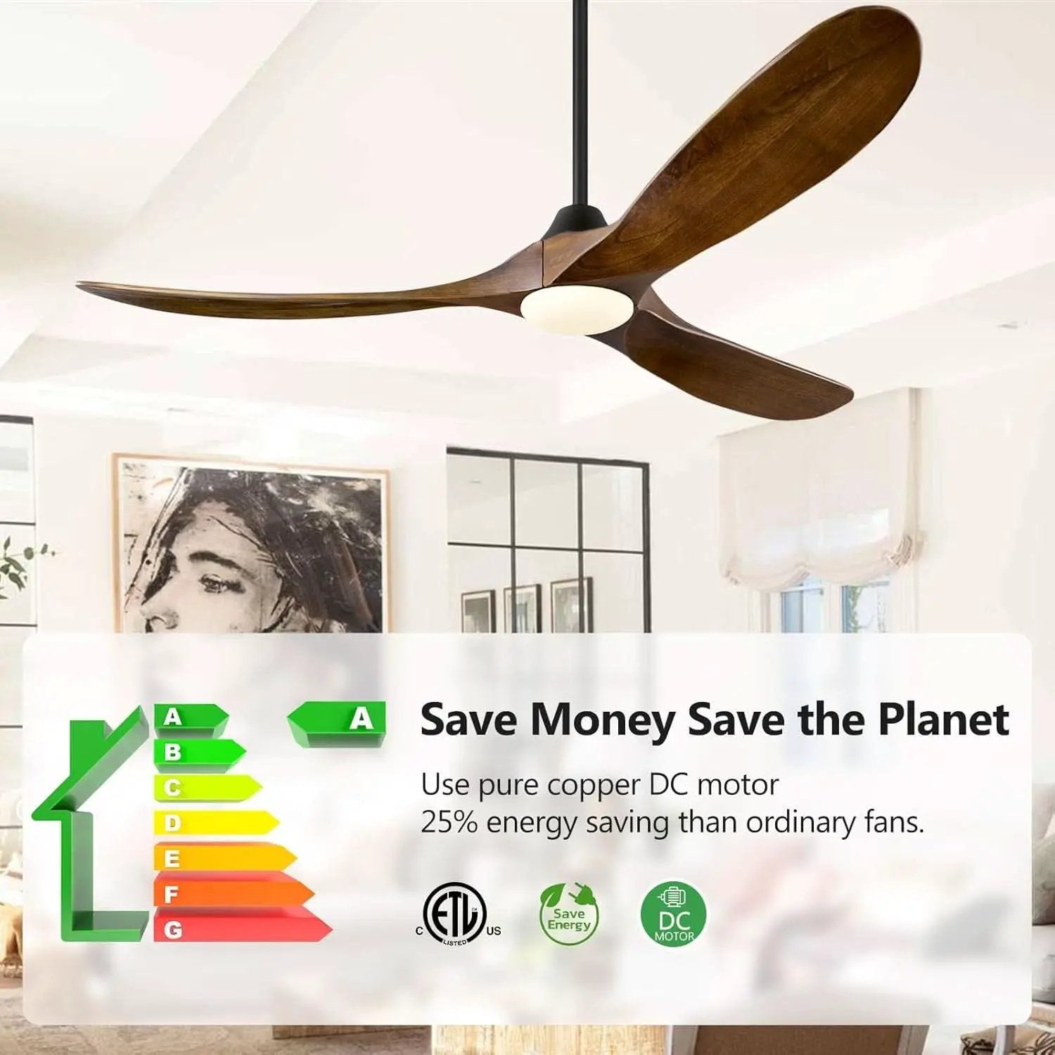 60 Inch Walnut Solid Wood Ceiling Fan Outdoor Weatherproof from PriceLows™