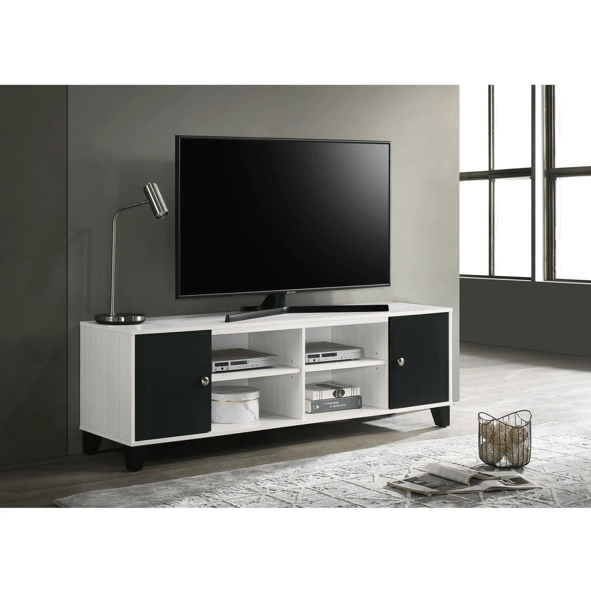 2 Tone TV Stand With Open Shelving And Concealed Storage Living Room Furniture Black | 63.7 x 15.6 x 20.1 in | Wood | White