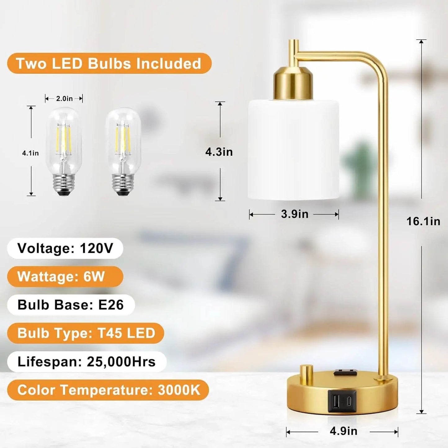Industrial Table Lamps With USB Ports Dimmable Gold Shade from PriceLows™