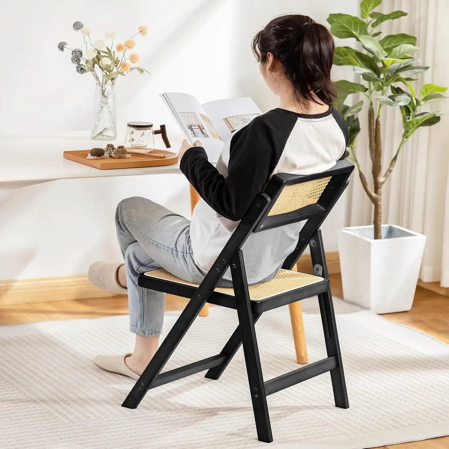 Rattan Folding Dining Chairs Set Of 2 Black Mid Century from PriceLows™