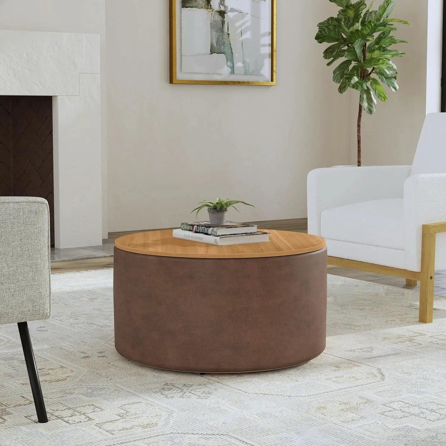 Polyester Upholstered Brown Wood Top Storage Ottoman from PriceLows™
