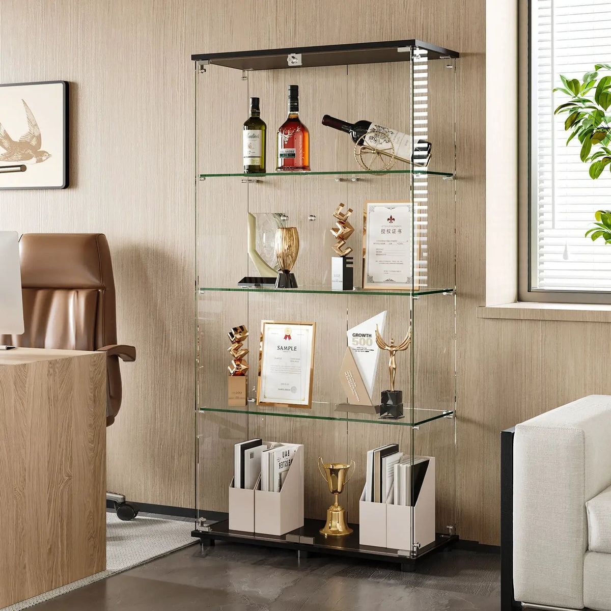 Display Cabinet With Lock | Double Doors | 5mm Tempered Glass Shelves | 50 Lb Shelf Capacity