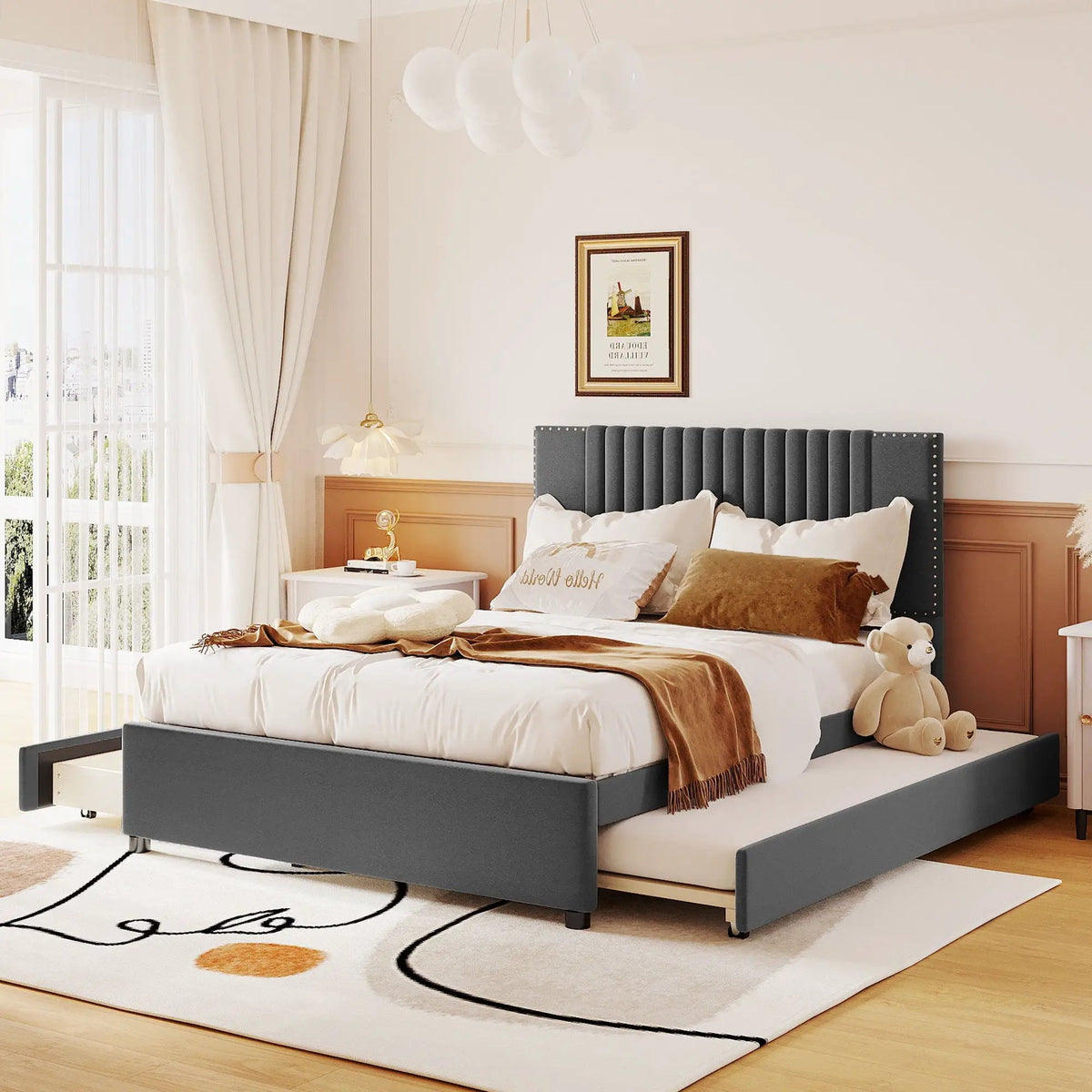 Upholstered Platform Bed | Drawers | Classic Headboard Design | Thick Foam Fill
