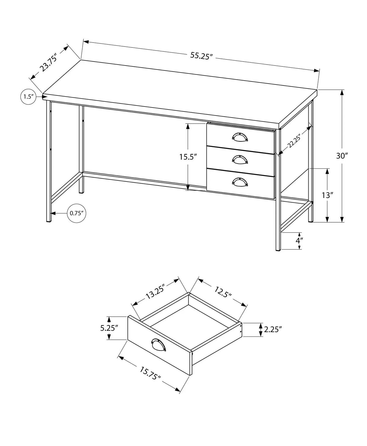 Computer Desk | 3 Storage Drawers | Metal Glides | 55.25 Inch Length