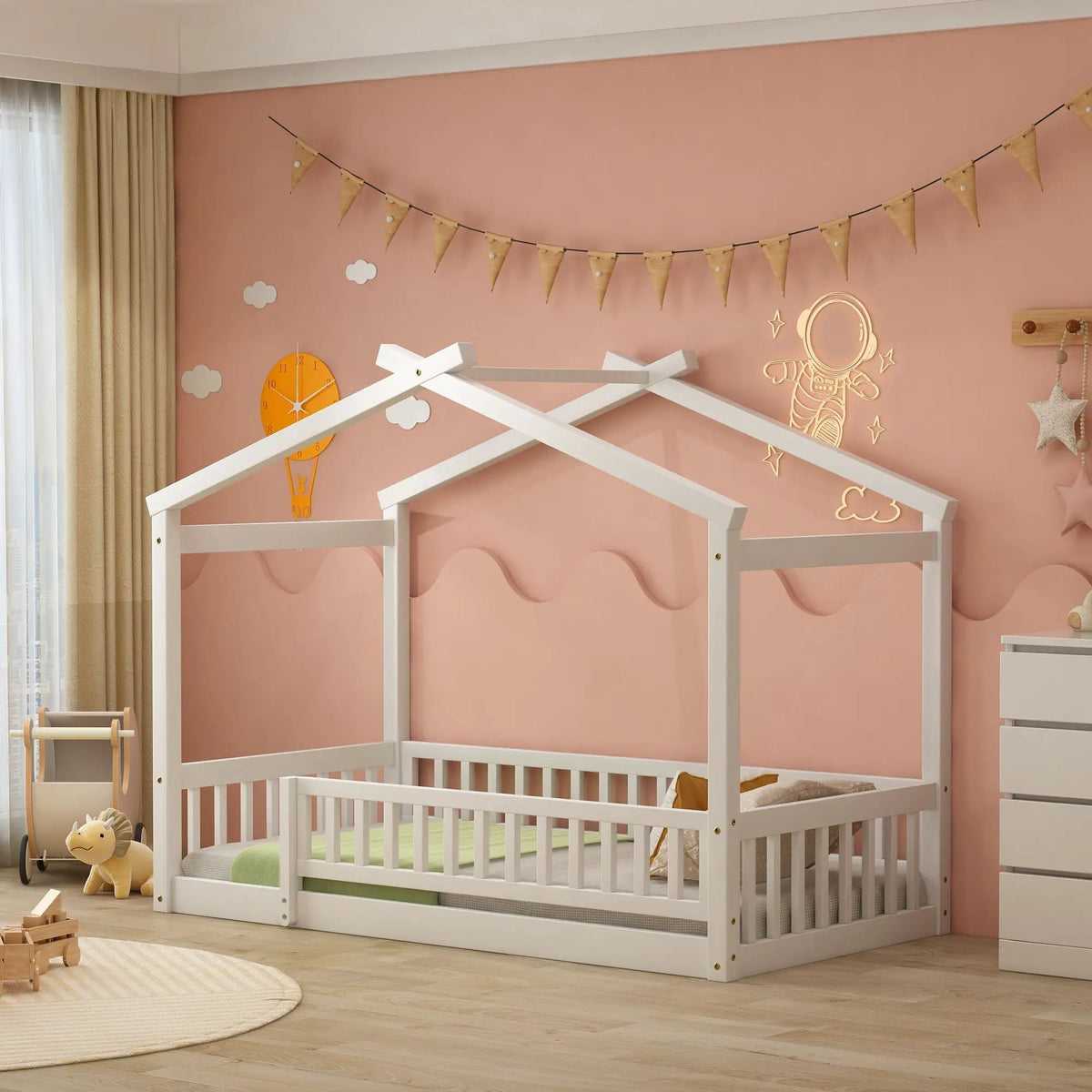 Kids Bed Frame | Playhouse Design | Roof And Fence | Toddler Size