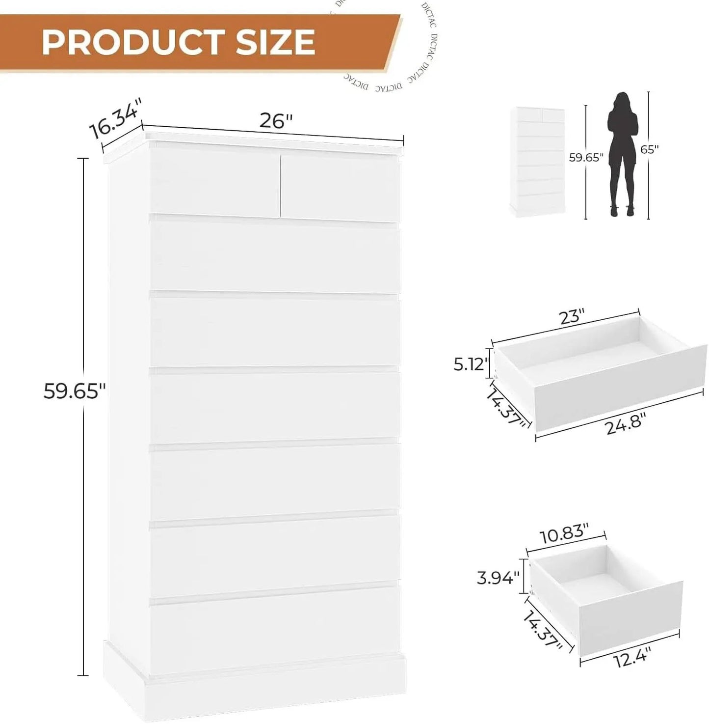 White Tall Dresser With 8 Drawers 59.7 Inch Vertical Bedroom Storage from PriceLows™