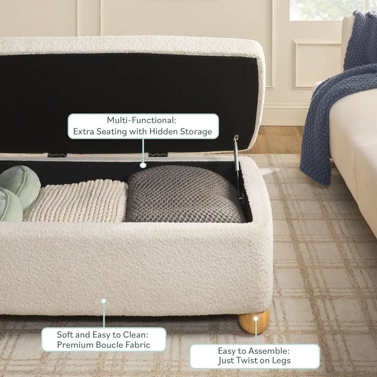 Contemporary Large Ivory Storage Ottoman With Legs from PriceLows™