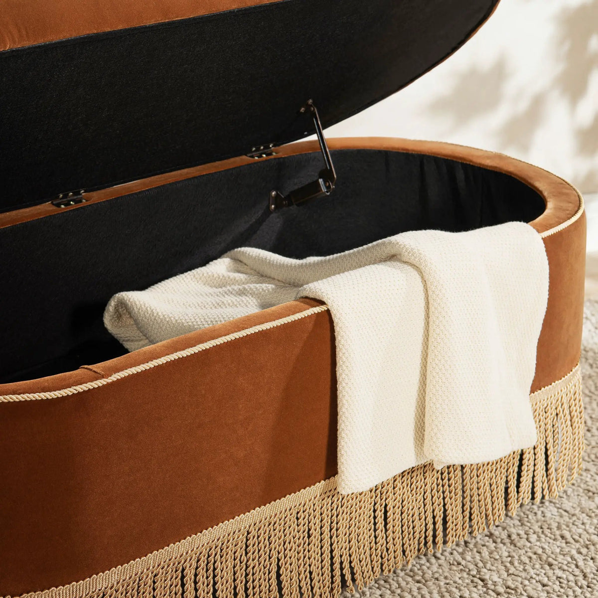 Melinda Oval Storage Bench | Button Tufted Seat | Bullion Fringe | Flip-Top Compartment