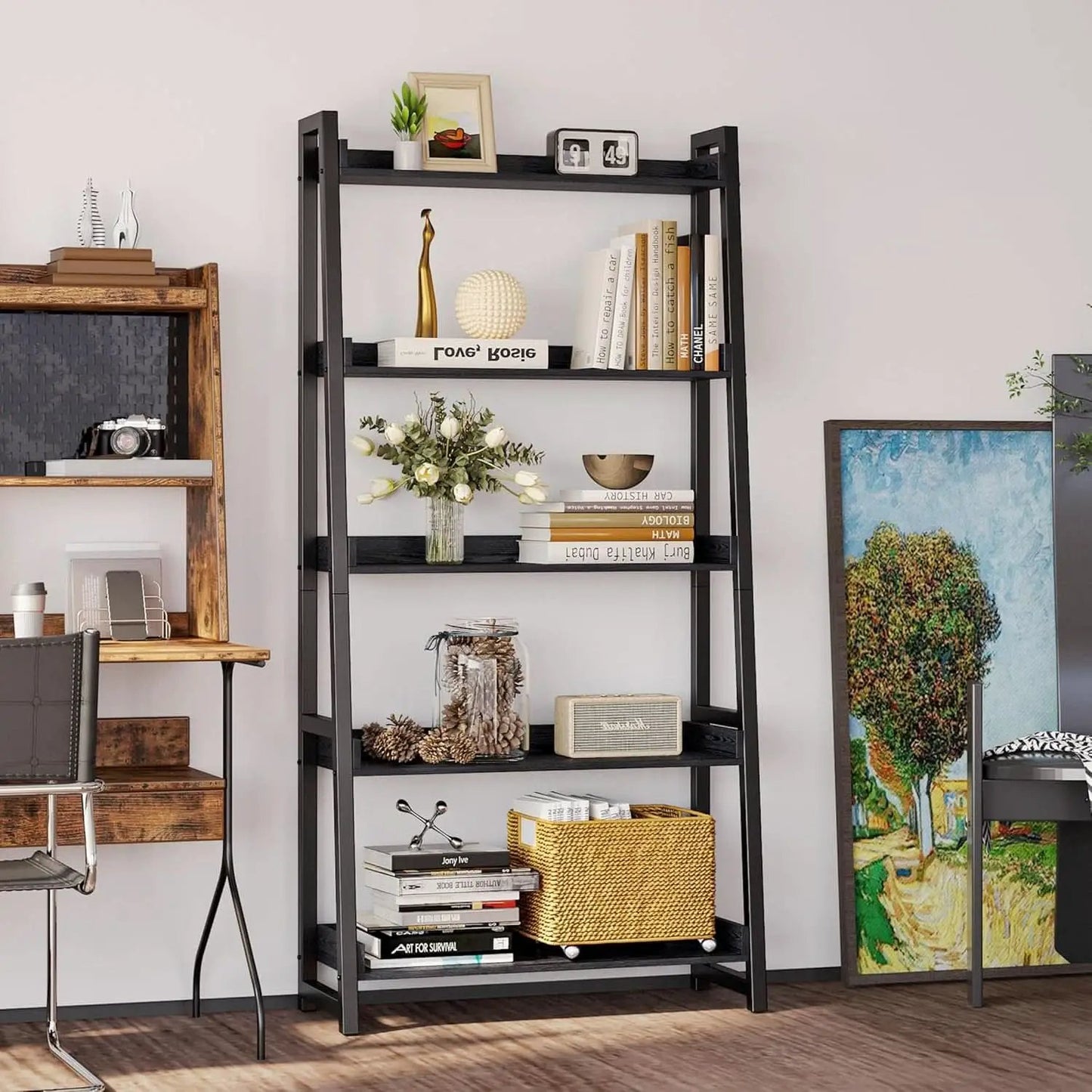 Industrial 5 Tier Bookshelf With Steel Frame 74In Tall from PriceLows™