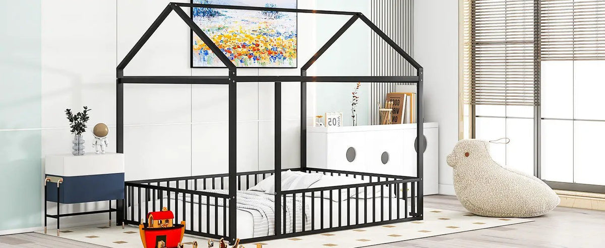 Kids Metal Bed Frame | Roof And Side Fence | Semi Enclosed Space | Three Colors
