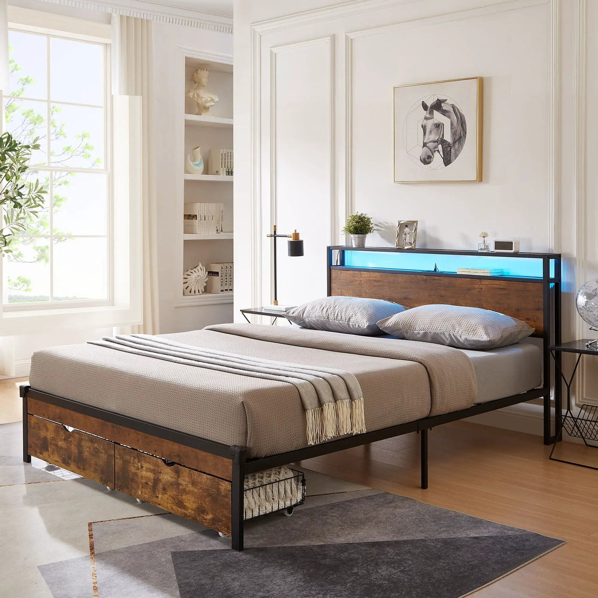 Modern Metal Bed Frame | USB Charging | Dual Storage Drawers | LED Headboard
