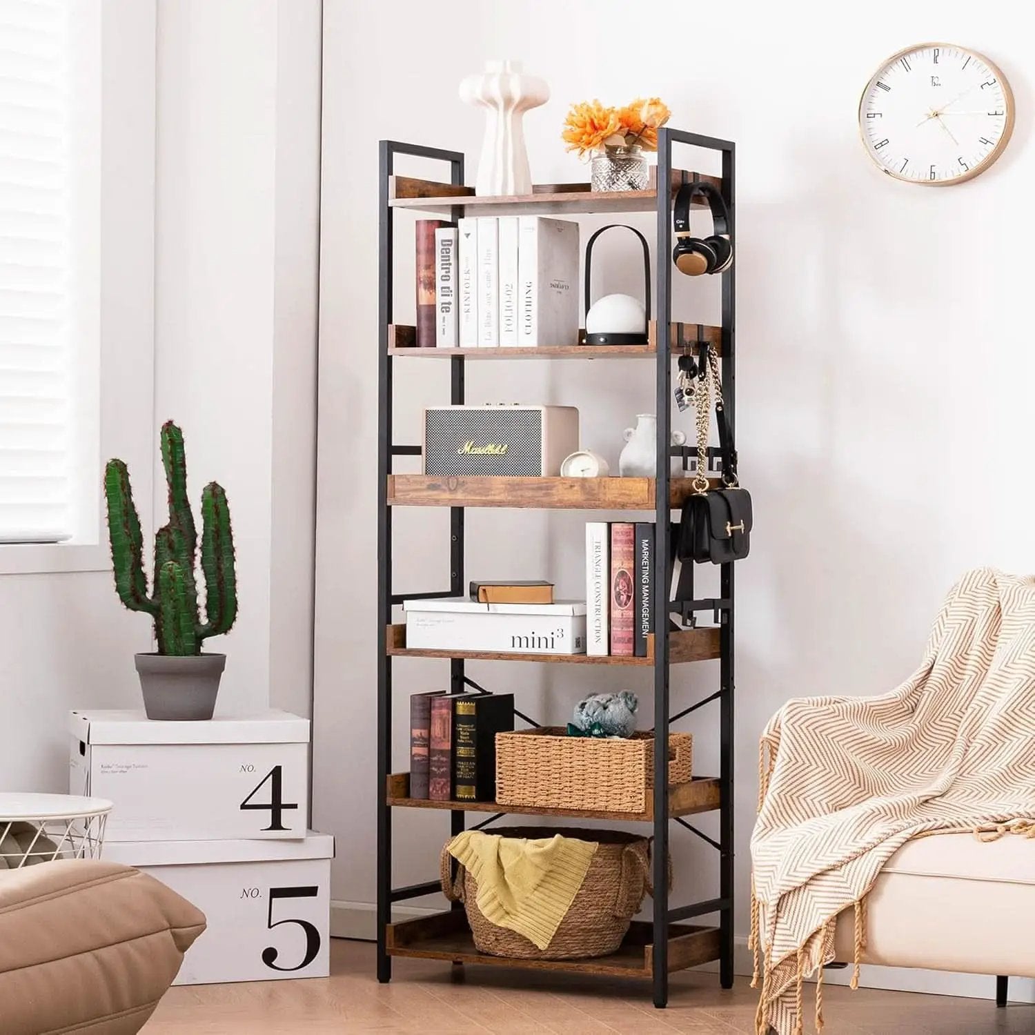 Adjustable Six Tier Industrial Wood Black Metal Bookcase from PriceLows™