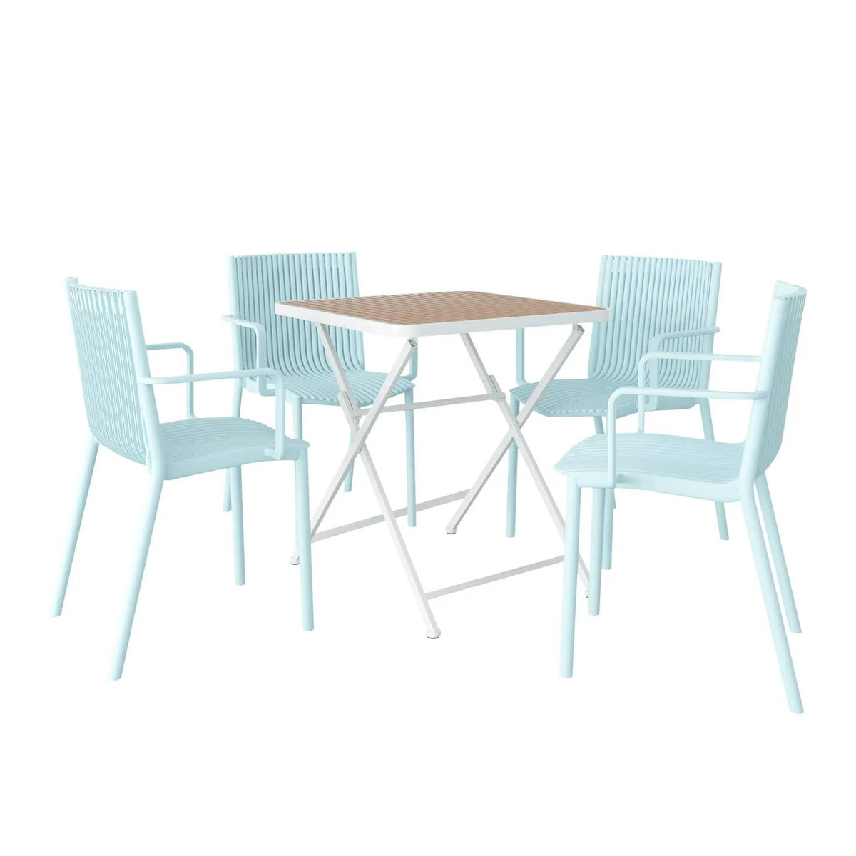 4 Modern Stackable Plastic Armchair Matched With Folding Square Table 5 Piece | 5 Piece Outdoor Set | Metal | Outdoor Living