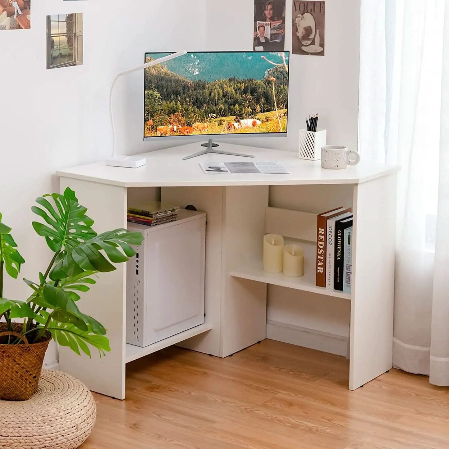 Compact White Corner Desk With Storage Shelves For Home Office from PriceLows™