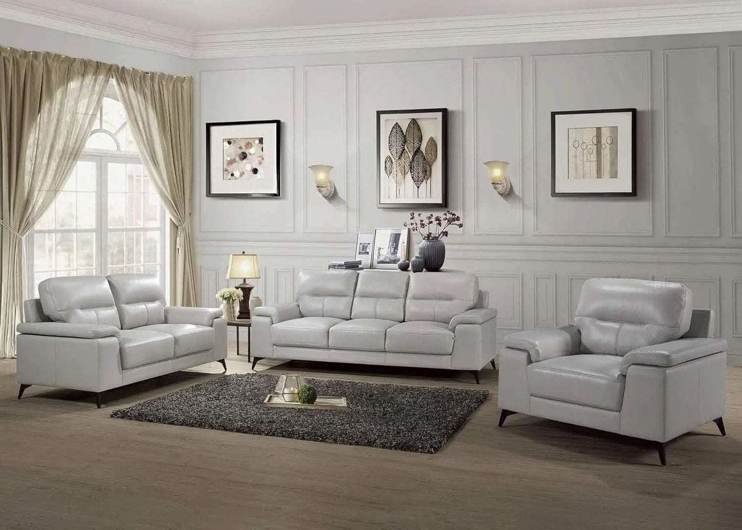 89 Inch Leather Sofa Silver Gray With Metal Legs Wood Frame from PriceLows™