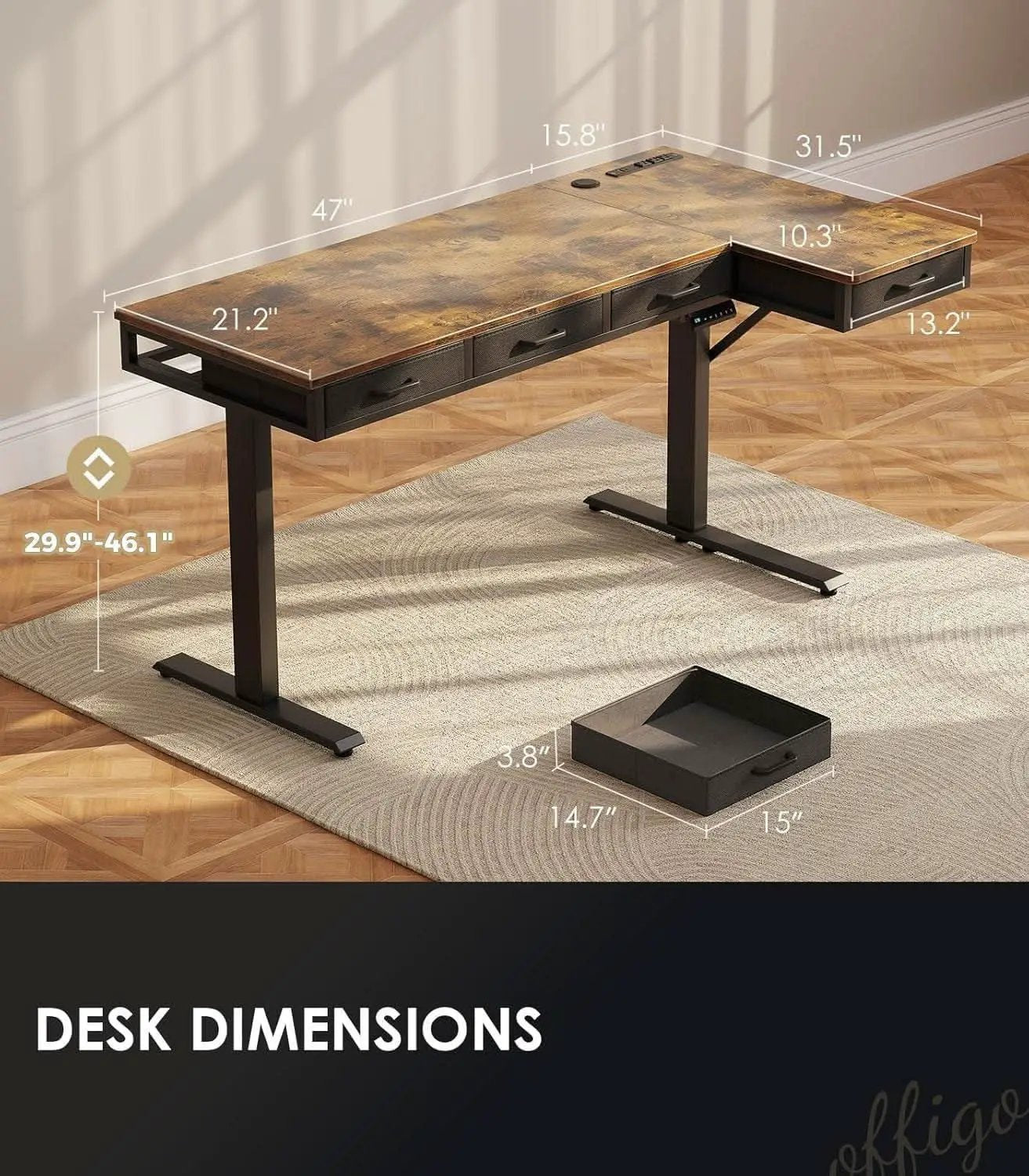 Sixty Three Inch L Shaped Electric Height Adjustable Desk Drawers from PriceLows™