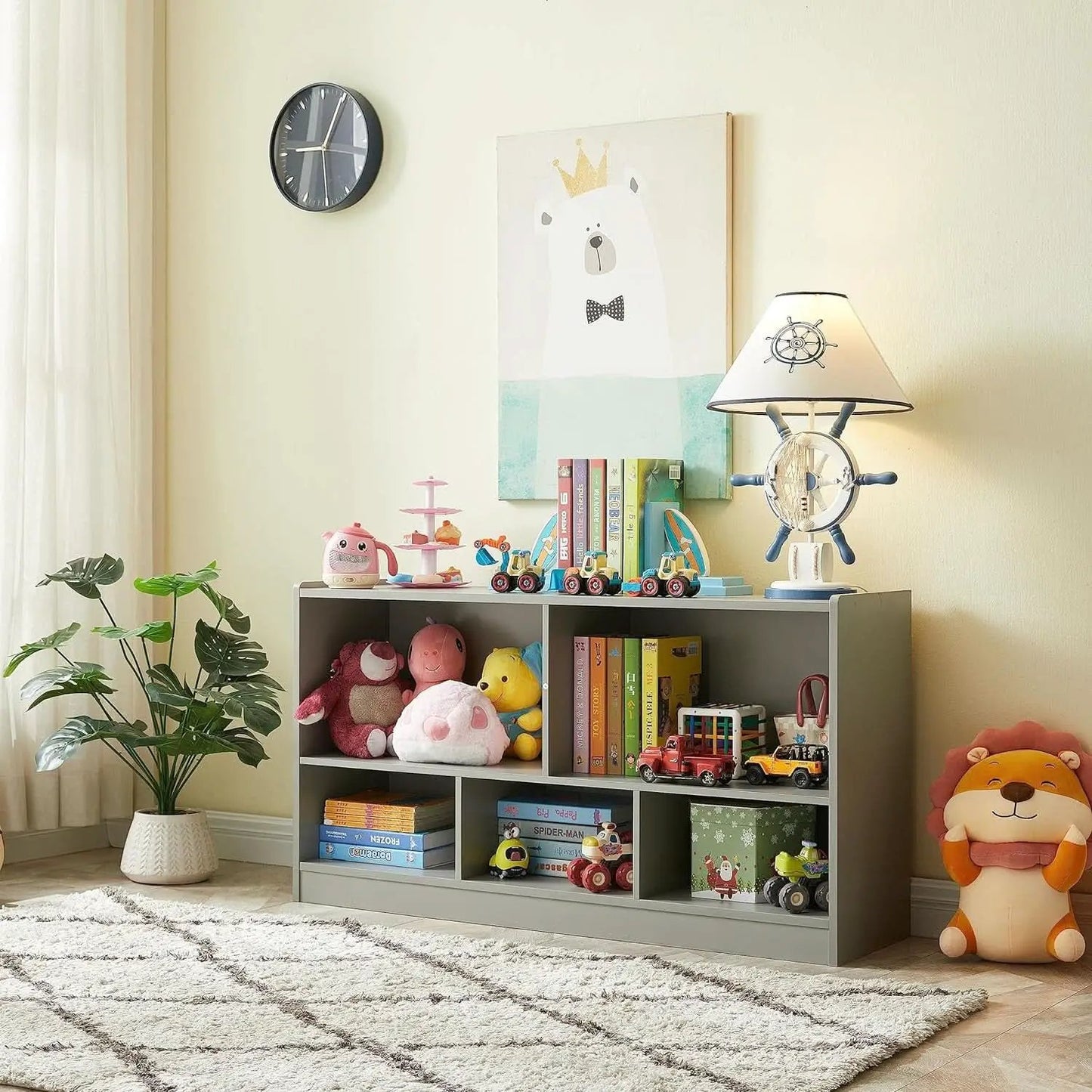 Grey 5 Section Toy Organizer And Bookshelf For Kids Storage from PriceLows™