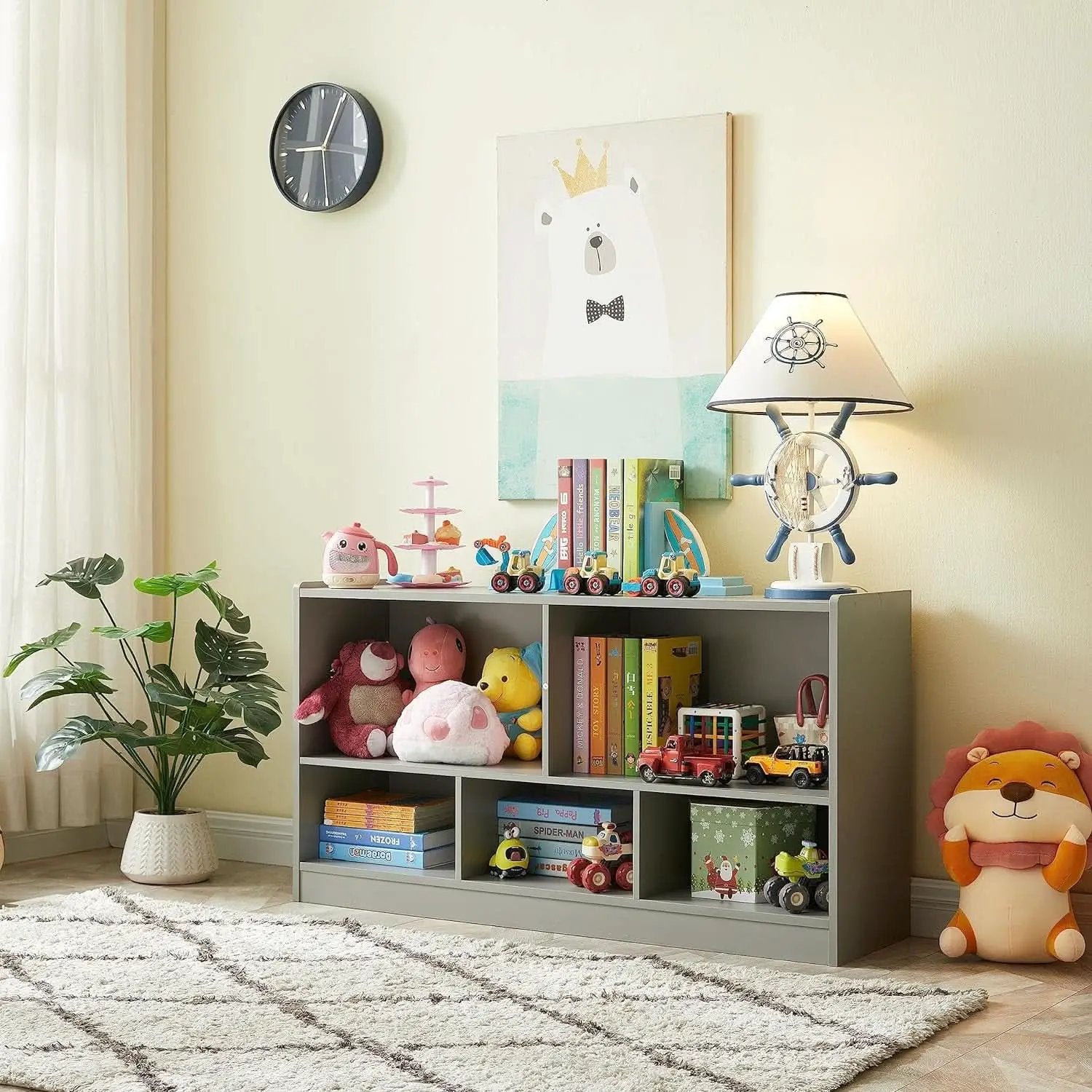 Grey 5 Section Toy Organizer And Bookshelf For Kids Storage from PriceLows™