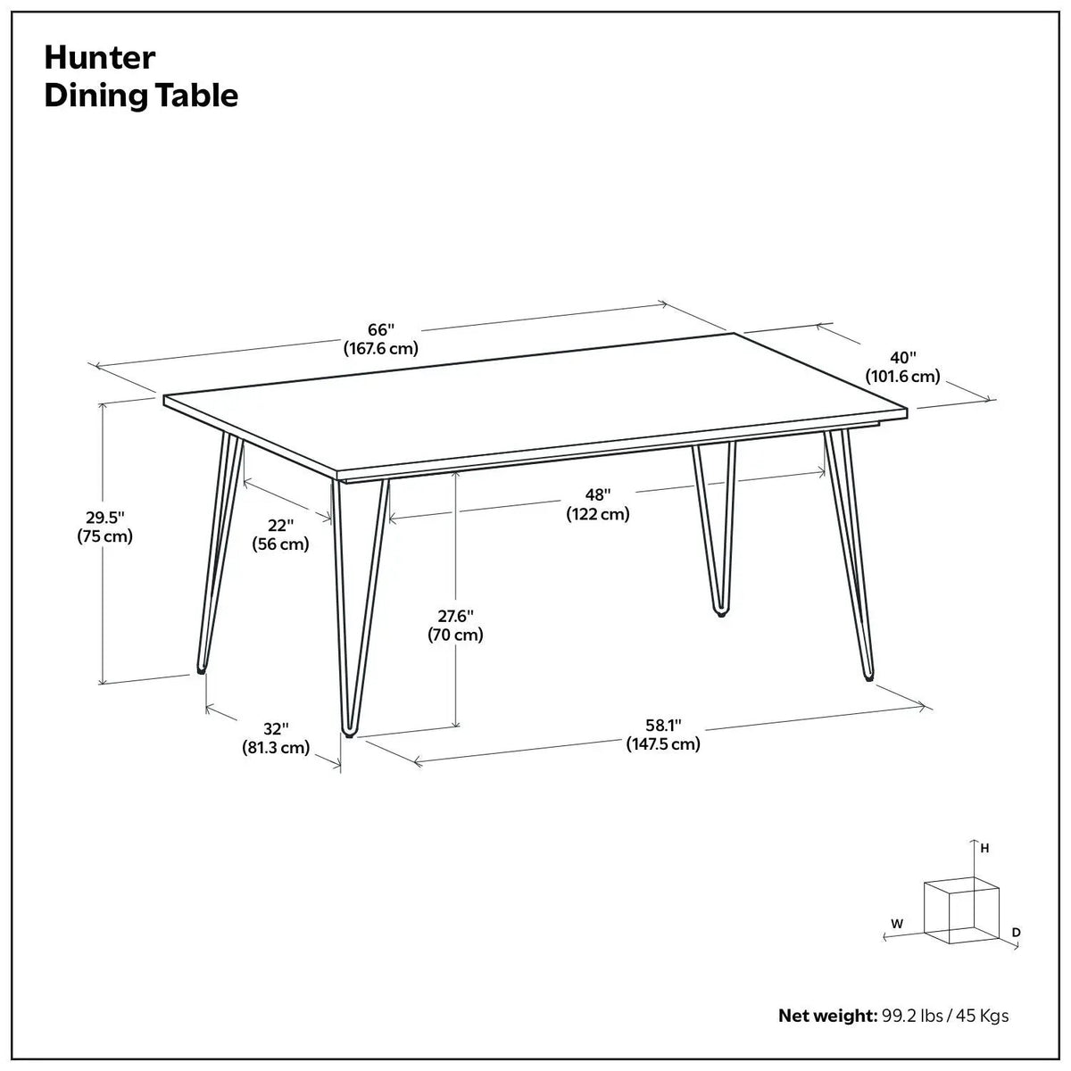 Hunter Dining Table | 66 Inch Width | Solid Mango Wood Top | Hairpin-Style Iron Base