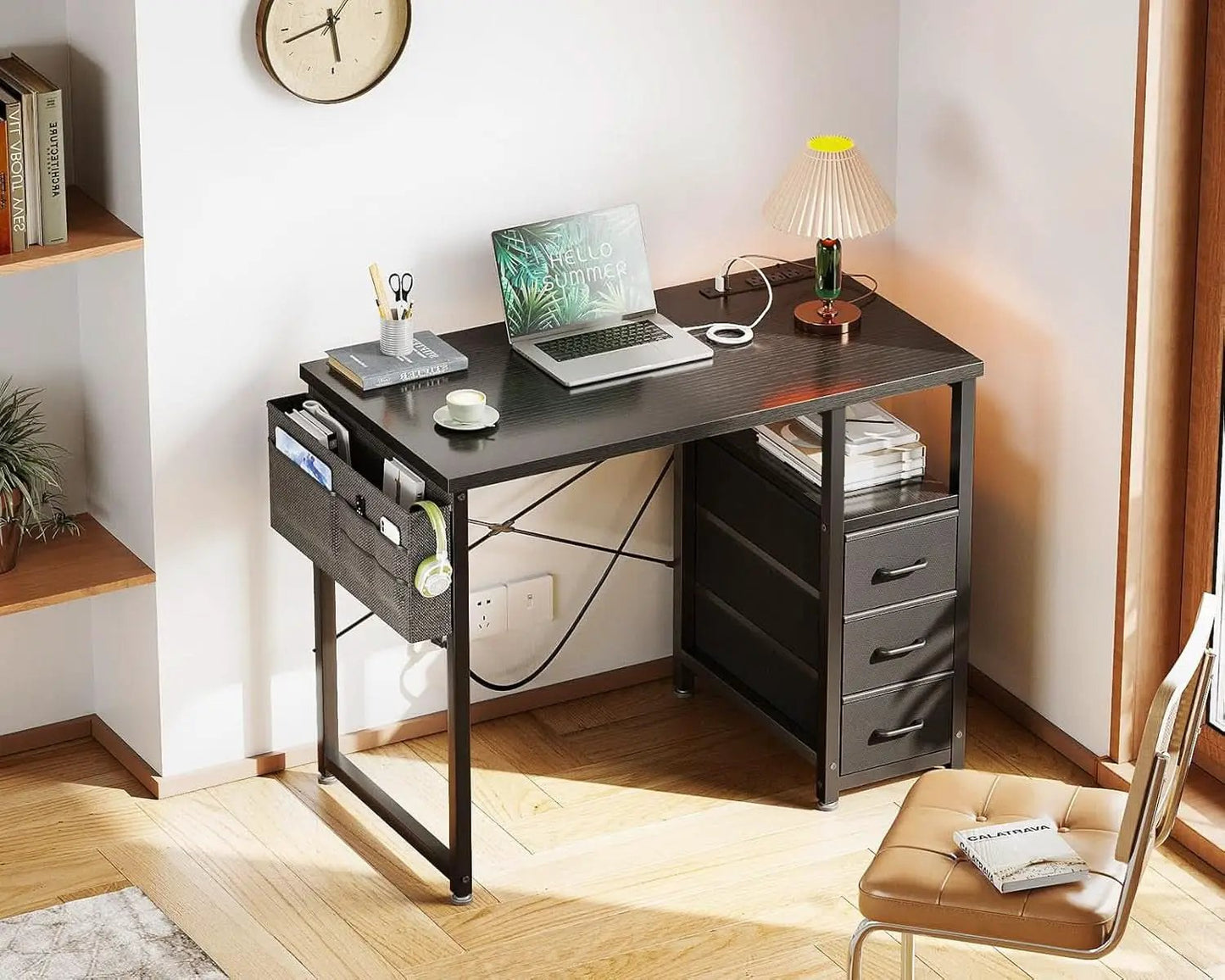 32-Inch Computer Desk With Fabric Drawers And Charging Station Black from PriceLows™