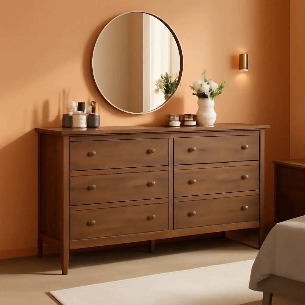 55 Inch Walnut Dresser With Six Drawers For Bedroom from PriceLows™