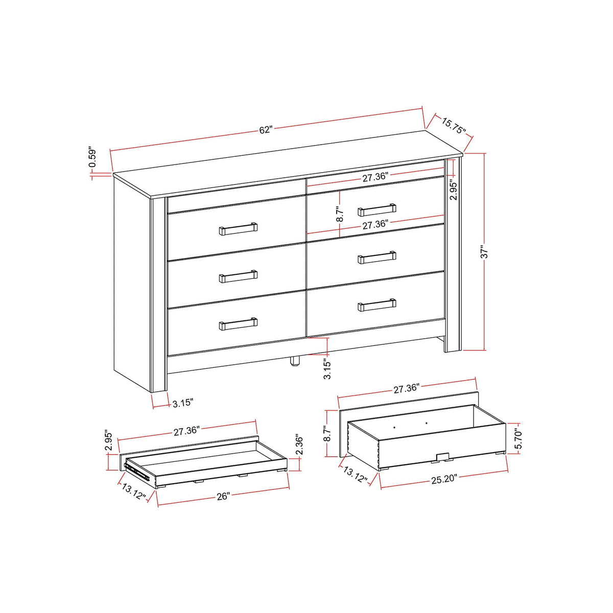Lorenzo Dresser With Hidden Jewelry Compartment And Bar Handles In | 62.01 x 15.75 x 37.01 in | Acrylic | Silver
