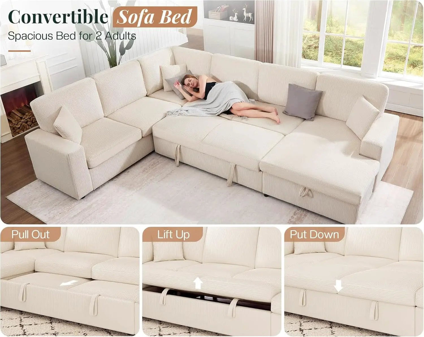130Inch Beige Upholstered Sleeper Sofa With Storage from PriceLows™