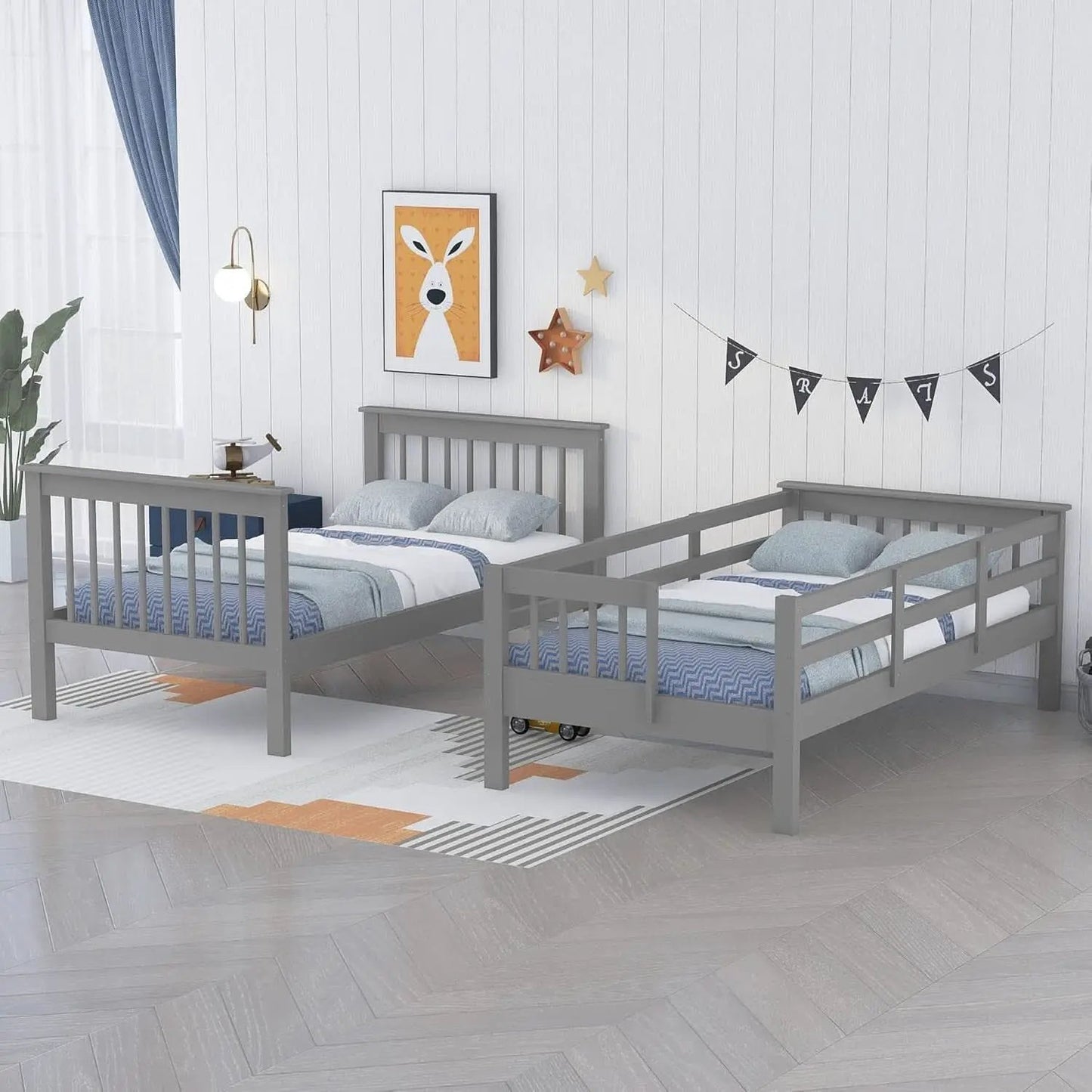 Twin Over Twin Bunk Beds With Stairs Grey For Kids Dorm from PriceLows™