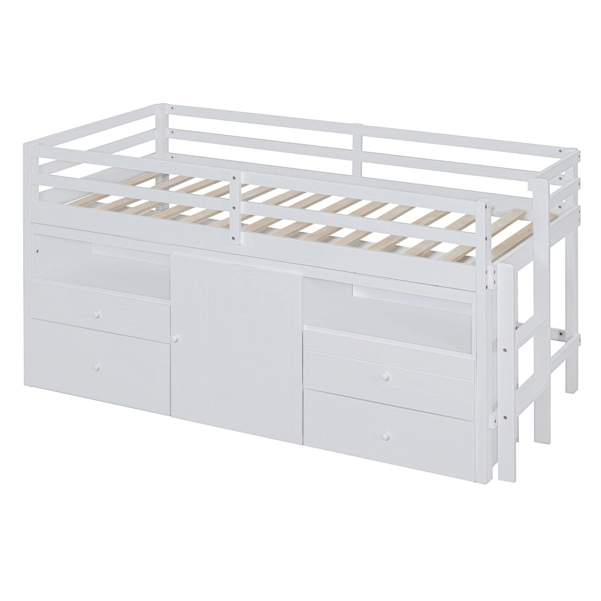 Loft Bed With 4 Drawers, Underneath Cabinet And Shelves | 81.8 x 40.8 x 43.3 in | Pine Wood | Bedroom