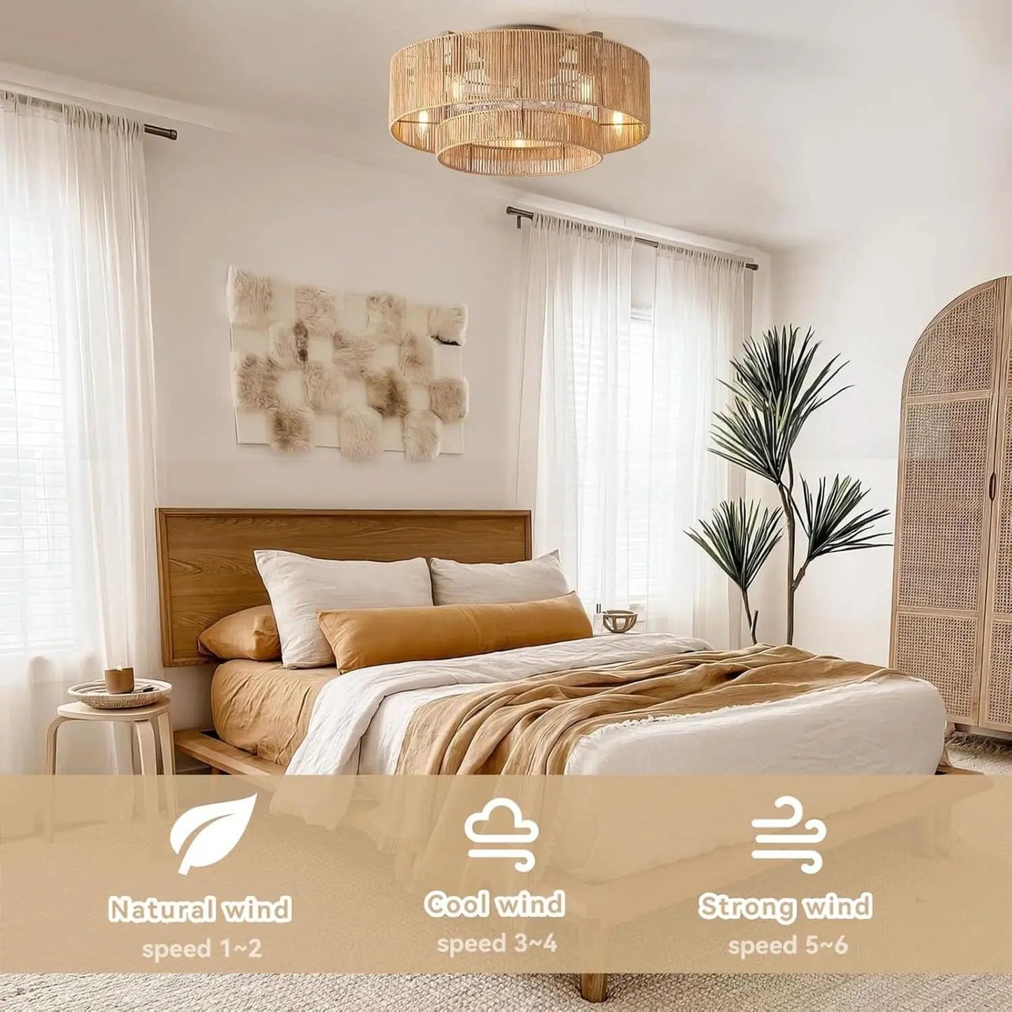 20 Inch Rattan Boho Ceiling Fan With Integrated LED Light from PriceLows™