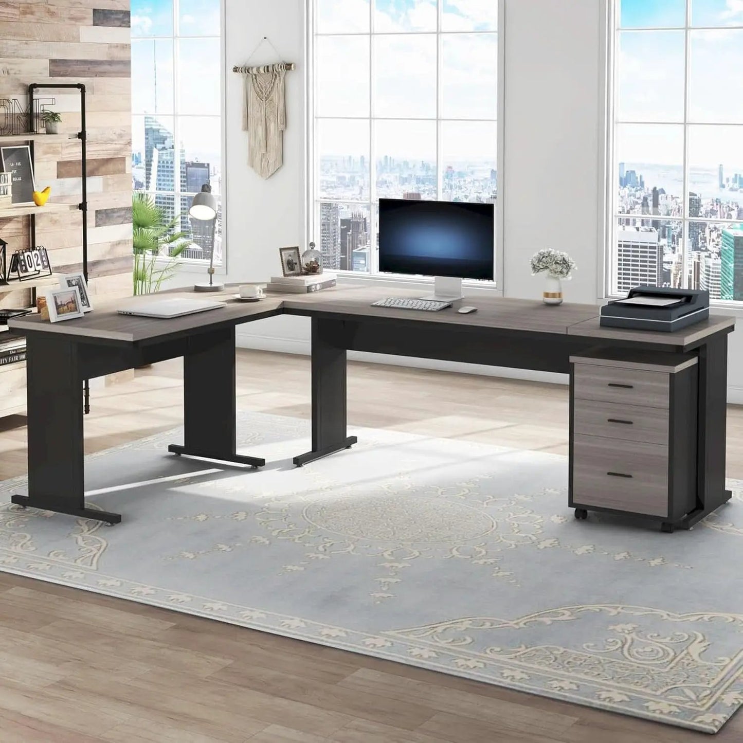 83 Inch L Shaped Desk With Gray Three Drawer File Cabinet from PriceLows™
