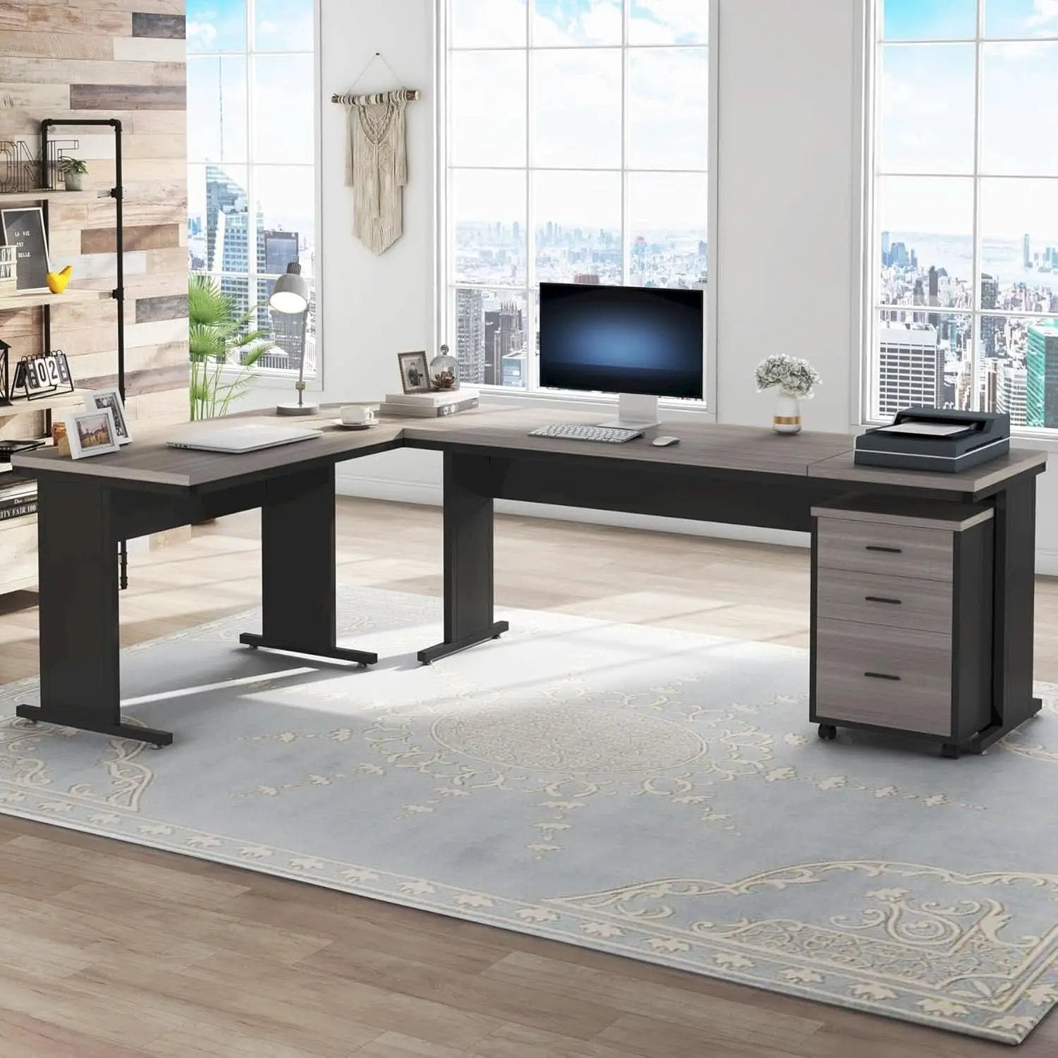 83 Inch L Shaped Desk With Gray Three Drawer File Cabinet from PriceLows™