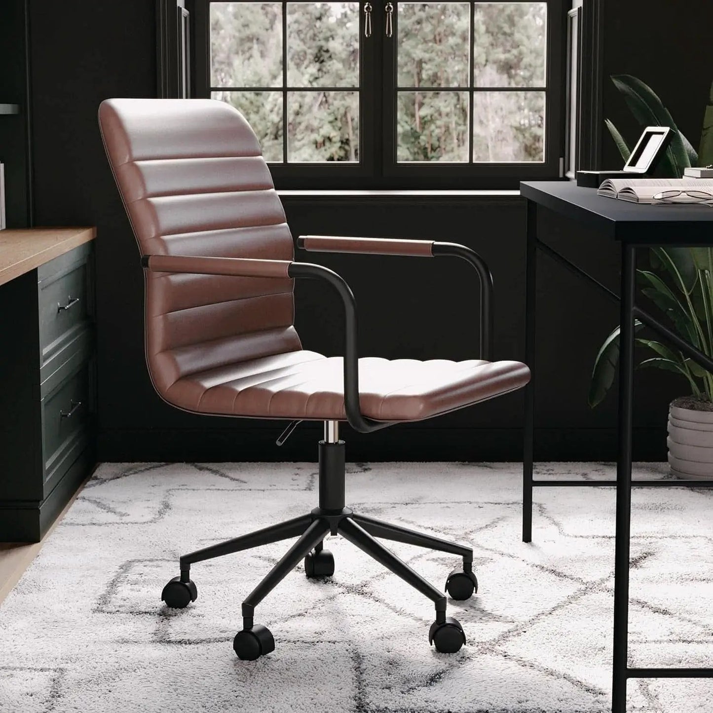 Saddle Brown Faux Leather Swivel Task Chair With Armrests from PriceLows™