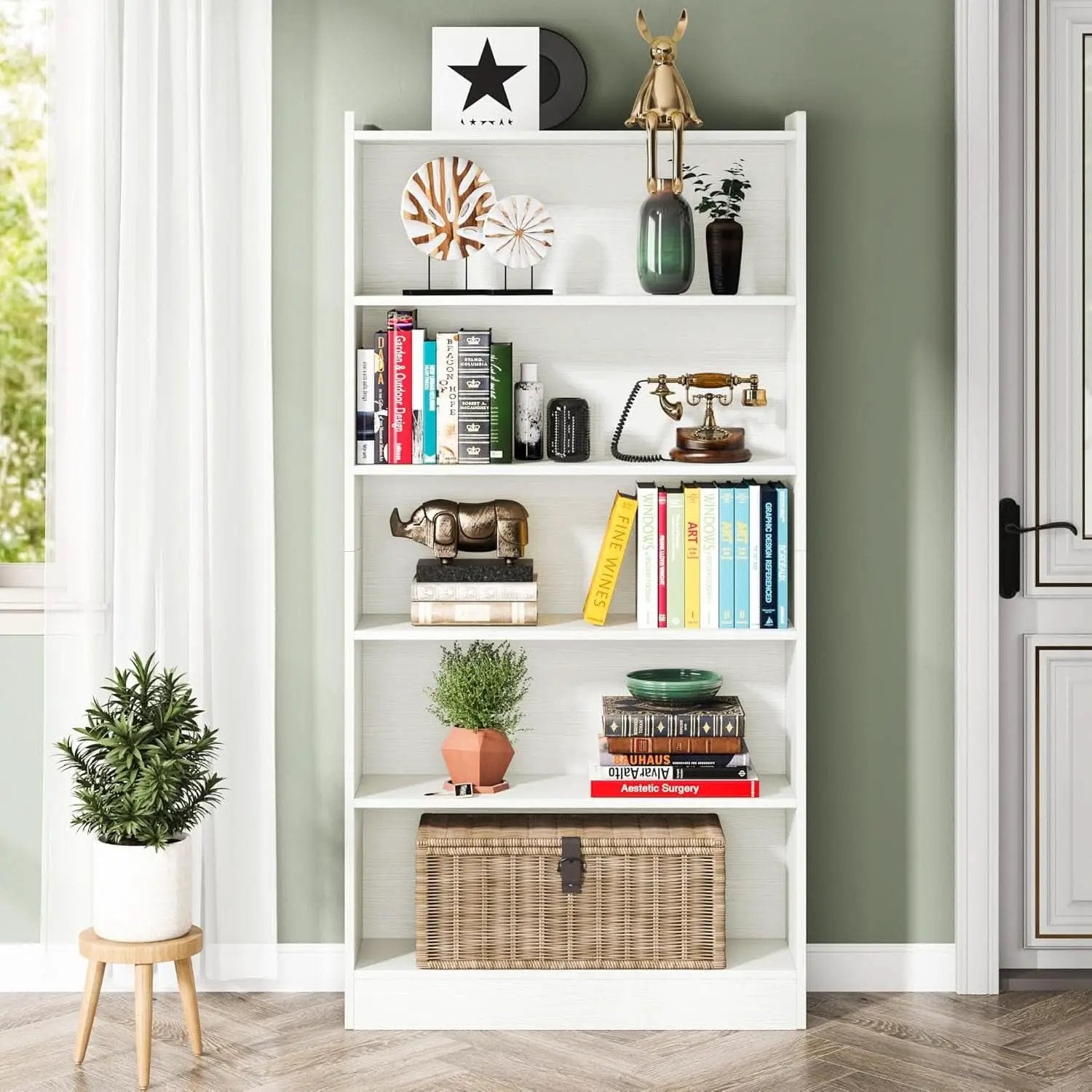 Tall White Six Tier Bookcase 72 Inches Contemporary Wood from PriceLows™