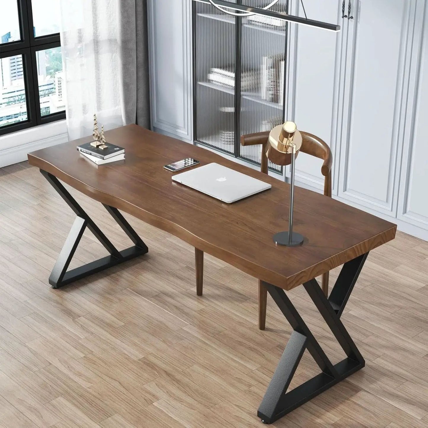 Solid Wood Desk Fifty Five Inch Wide Matte Brown Rustic Aged Oak from PriceLows™