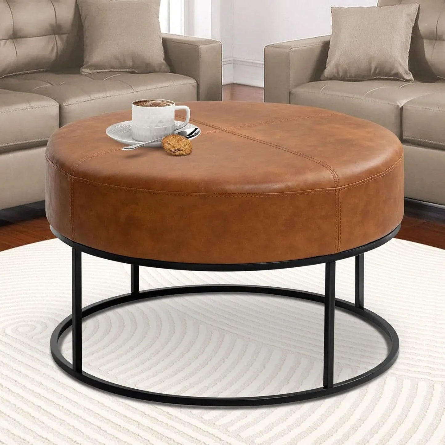Round Leatherette Upholstered Coffee Table Midnight Brown from PriceLows™