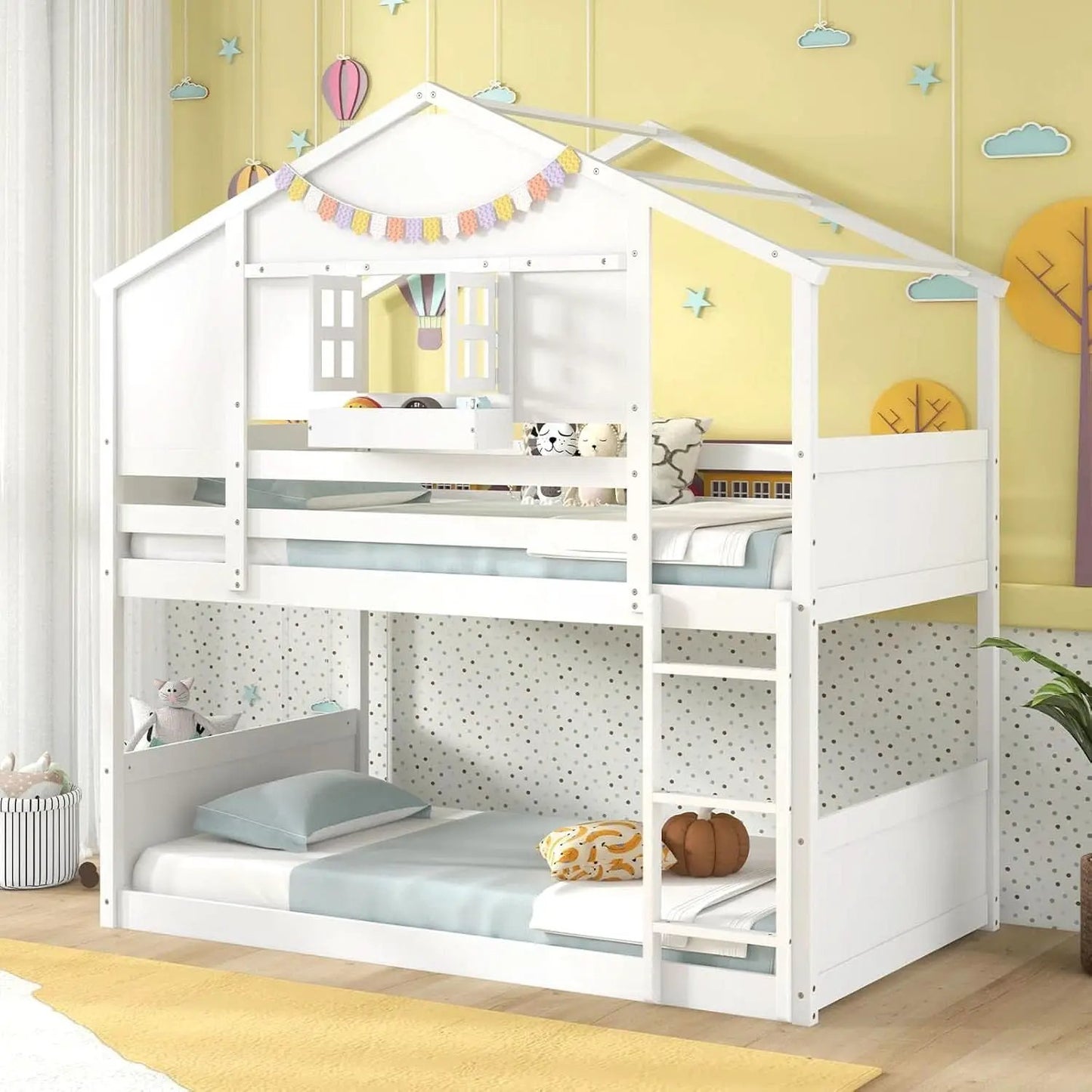 Twin Over Twin White Wood House Bunk Bed For Kids Room from PriceLows™