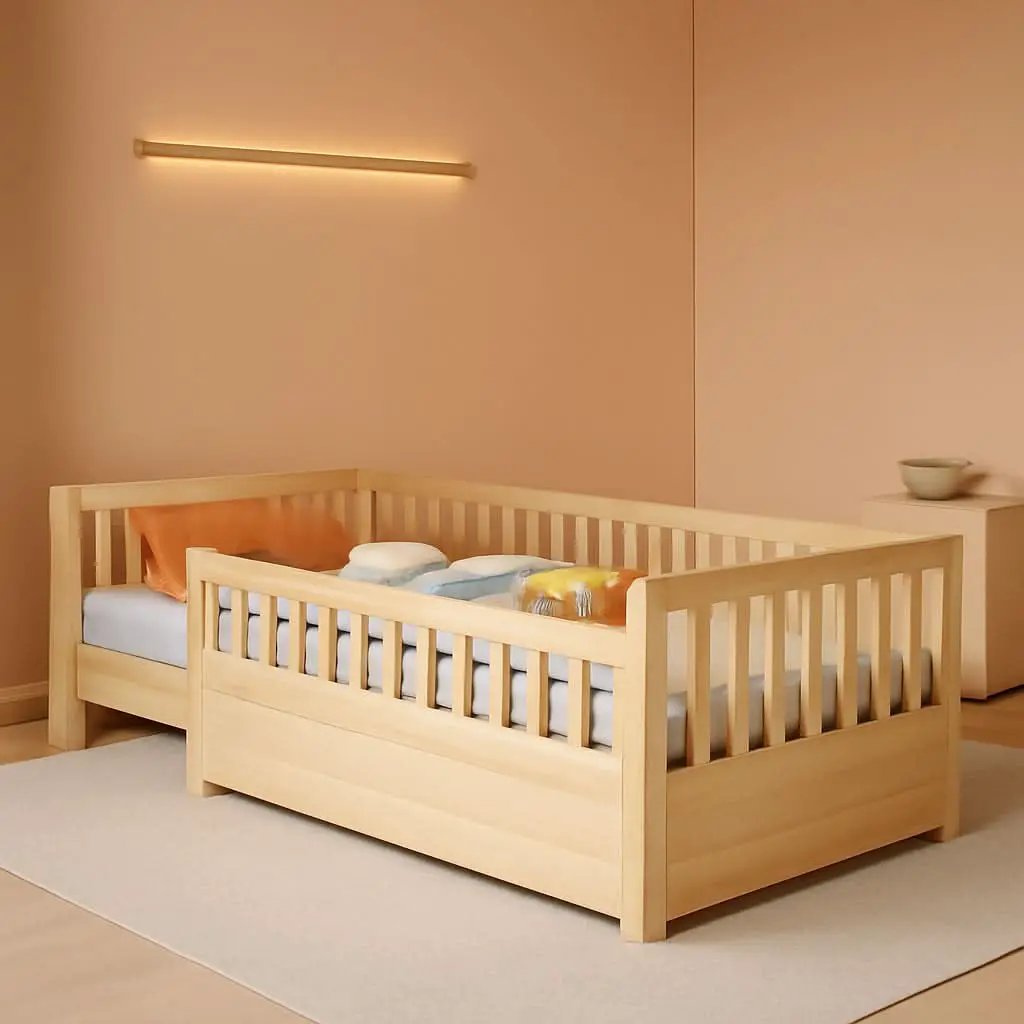 Twin Montessori Floor Bed With High Safety Rails Natural from PriceLows™