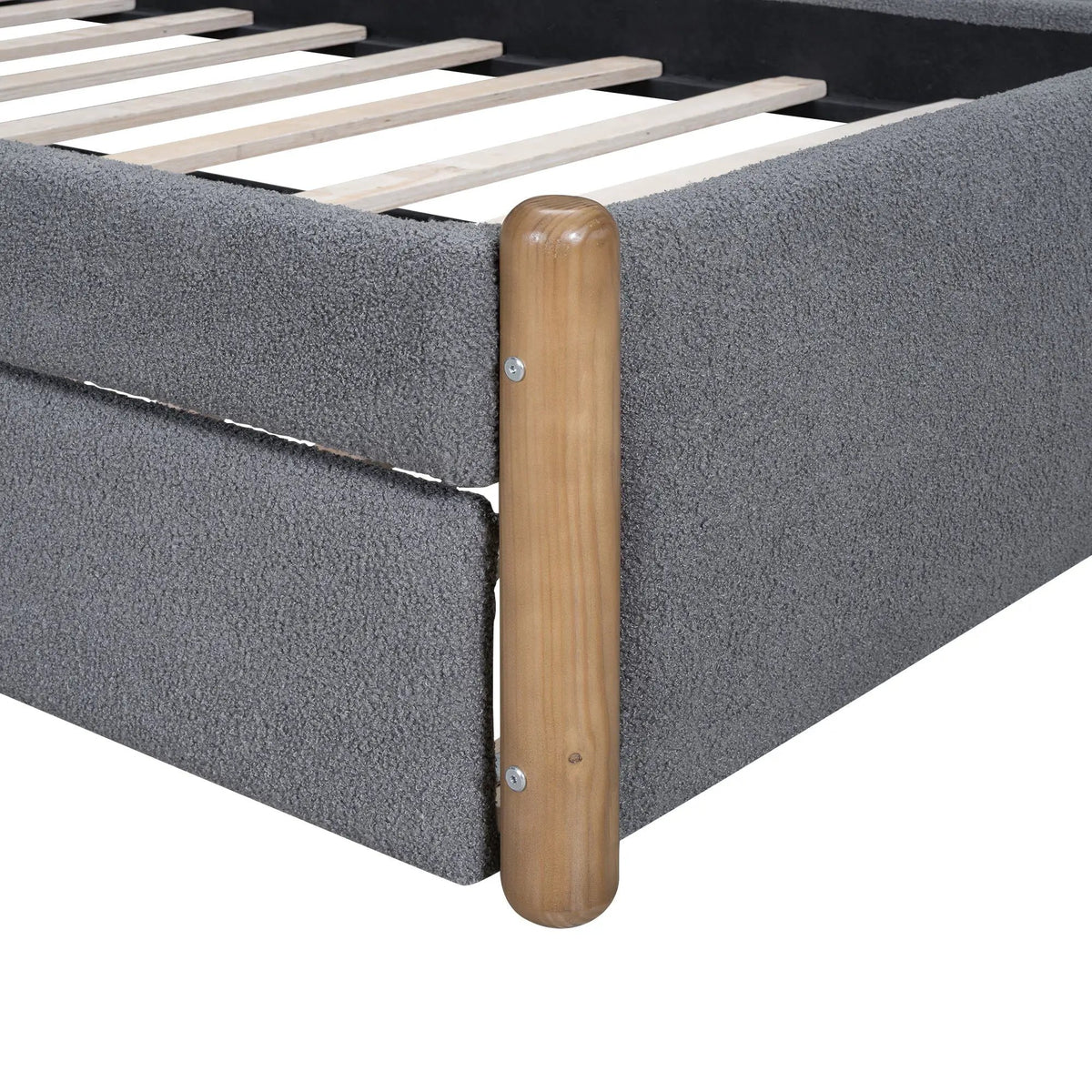 Upholstered Platform Bed | Trundle | Arc-Shaped Berber Fleece Headboard | Wood Supporting Feet