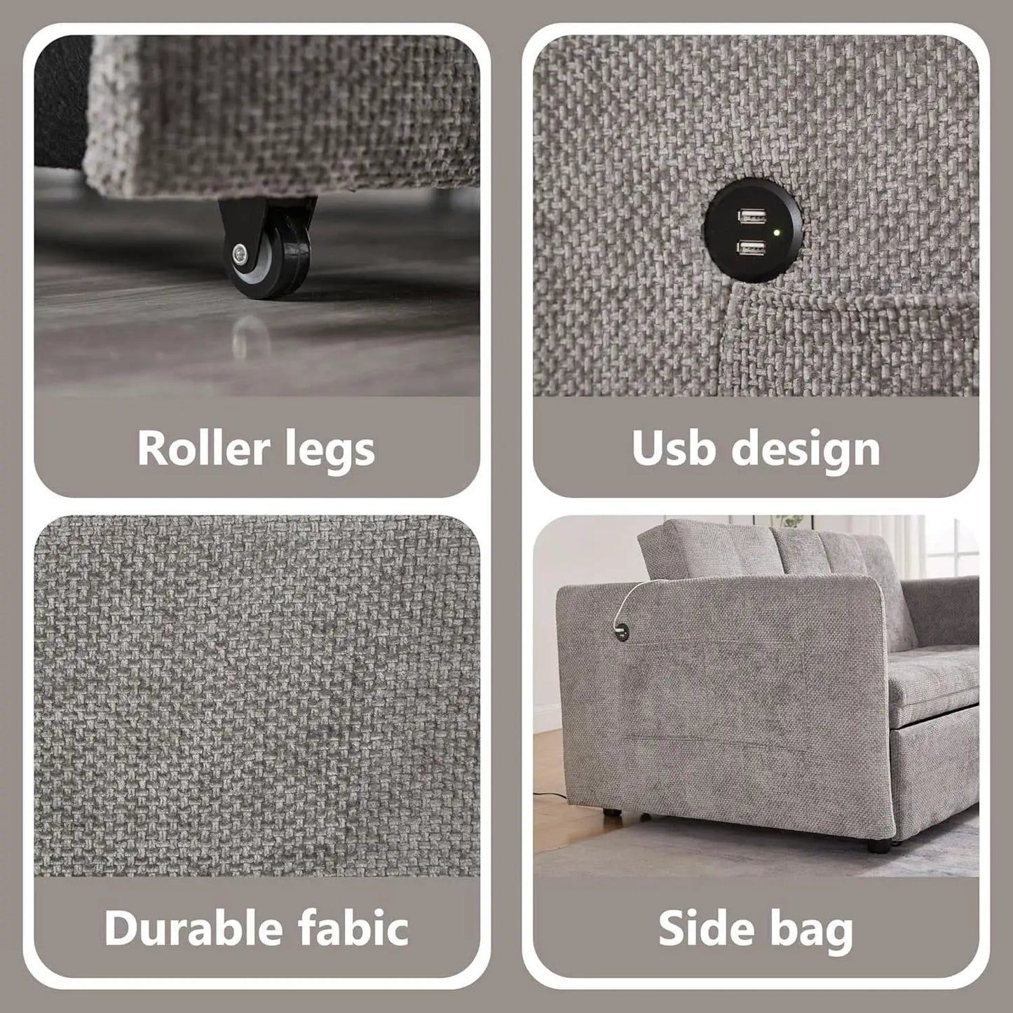 57 Inch Convertible Sofa Bed With USB Charging Ports Grey from PriceLows™