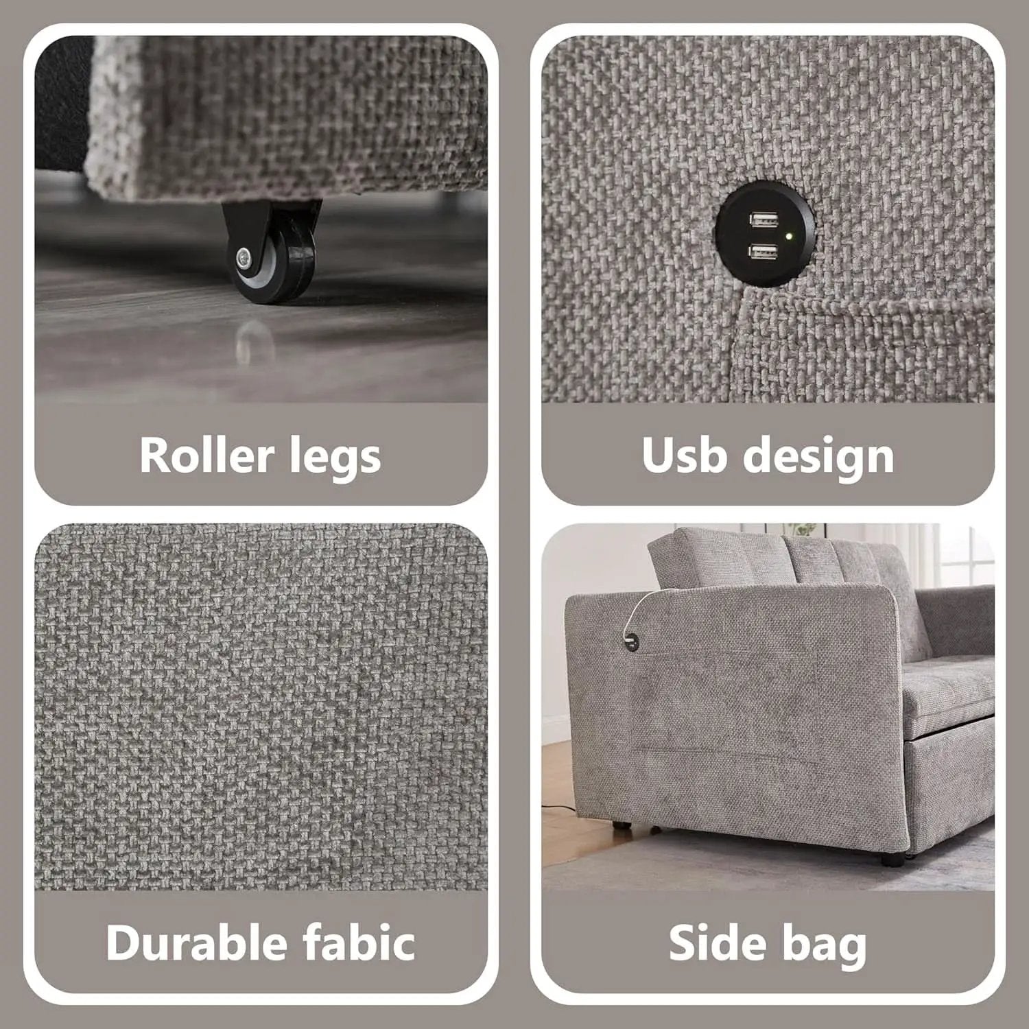 57 Inch Convertible Sofa Bed With USB Charging Ports Grey from PriceLows™