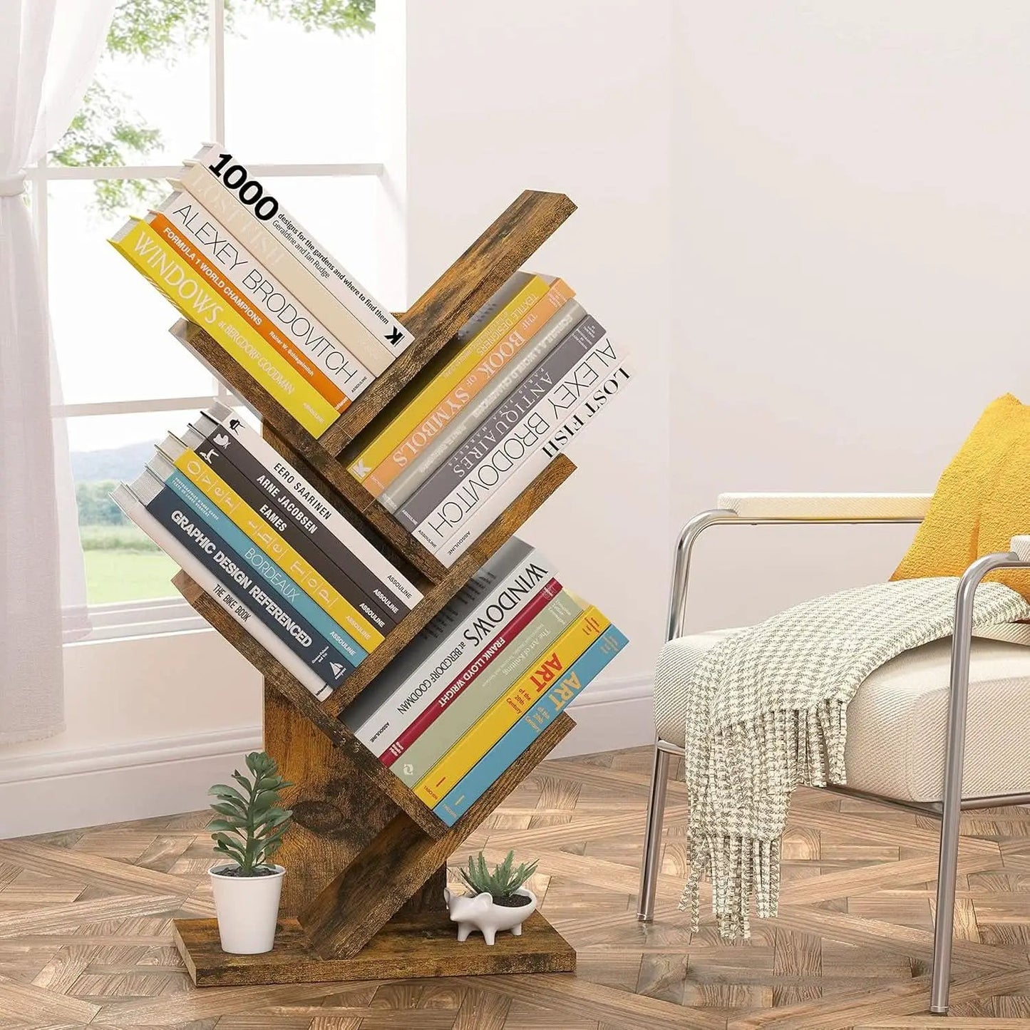 Rustic Brown 4 Tier Tree Bookshelf Free Standing Living Room from PriceLows™