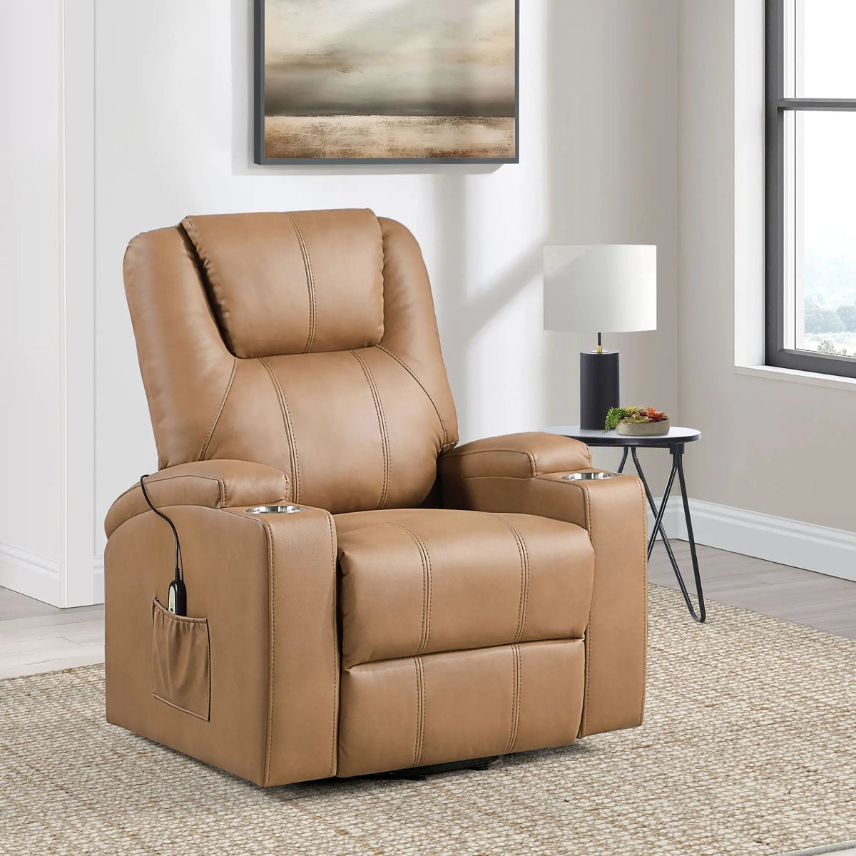 Macklin Power Lift Massage Recliner | Heat And Massage | Dual Cupholders | Smooth Upholstery