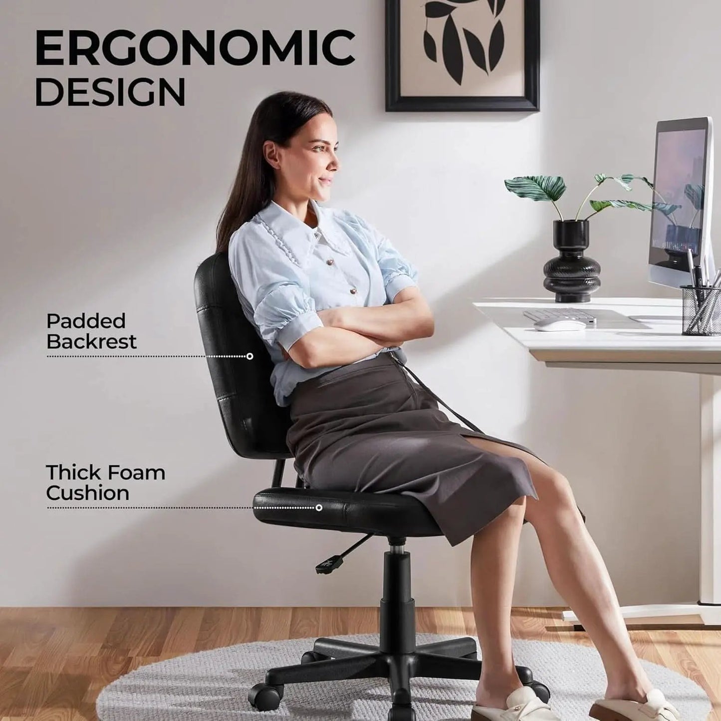 Armless Ergonomic Office Chair Black PU Leather Swivel from PriceLows™