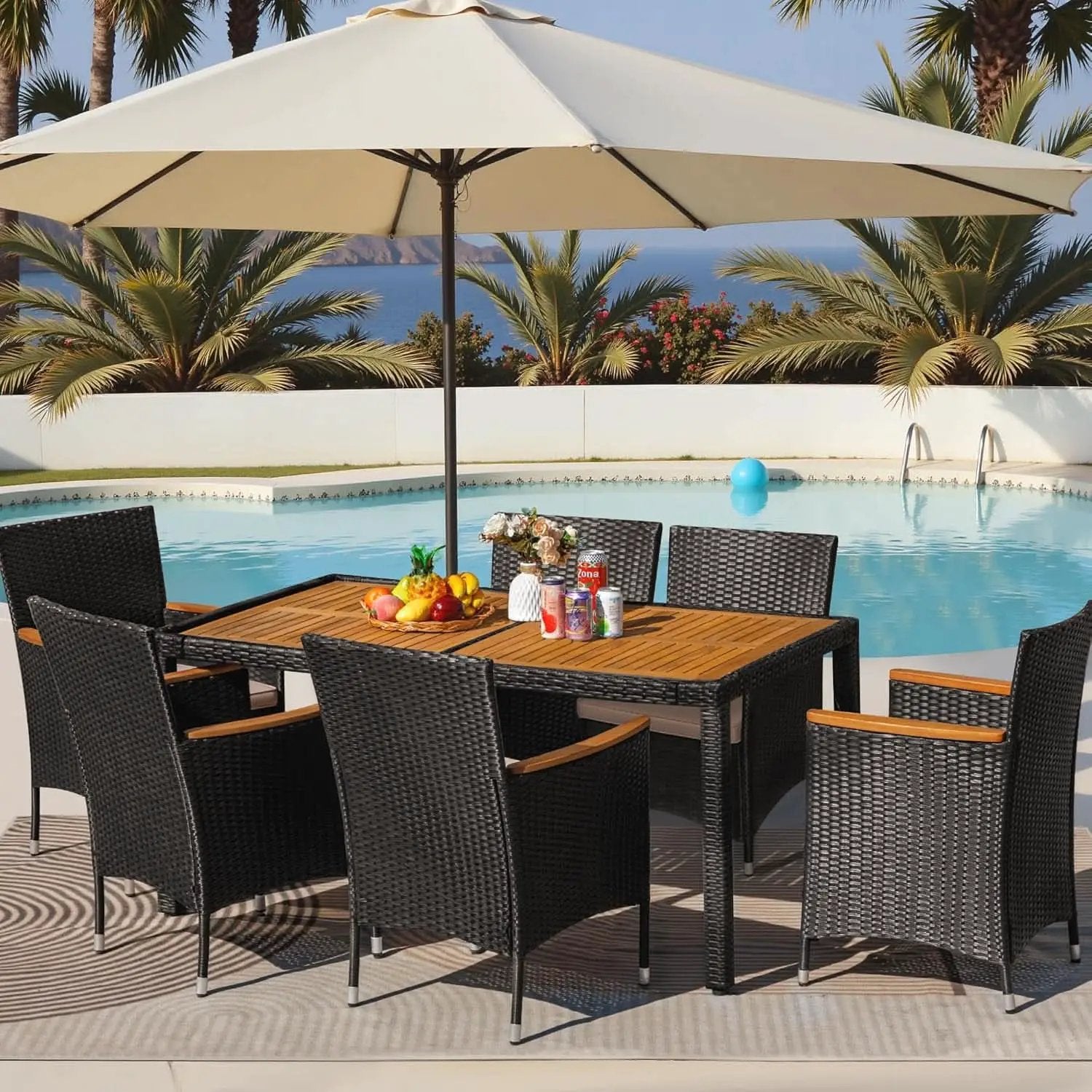 7 Piece Outdoor Patio Dining Set Black Rattan Chairs from PriceLows™