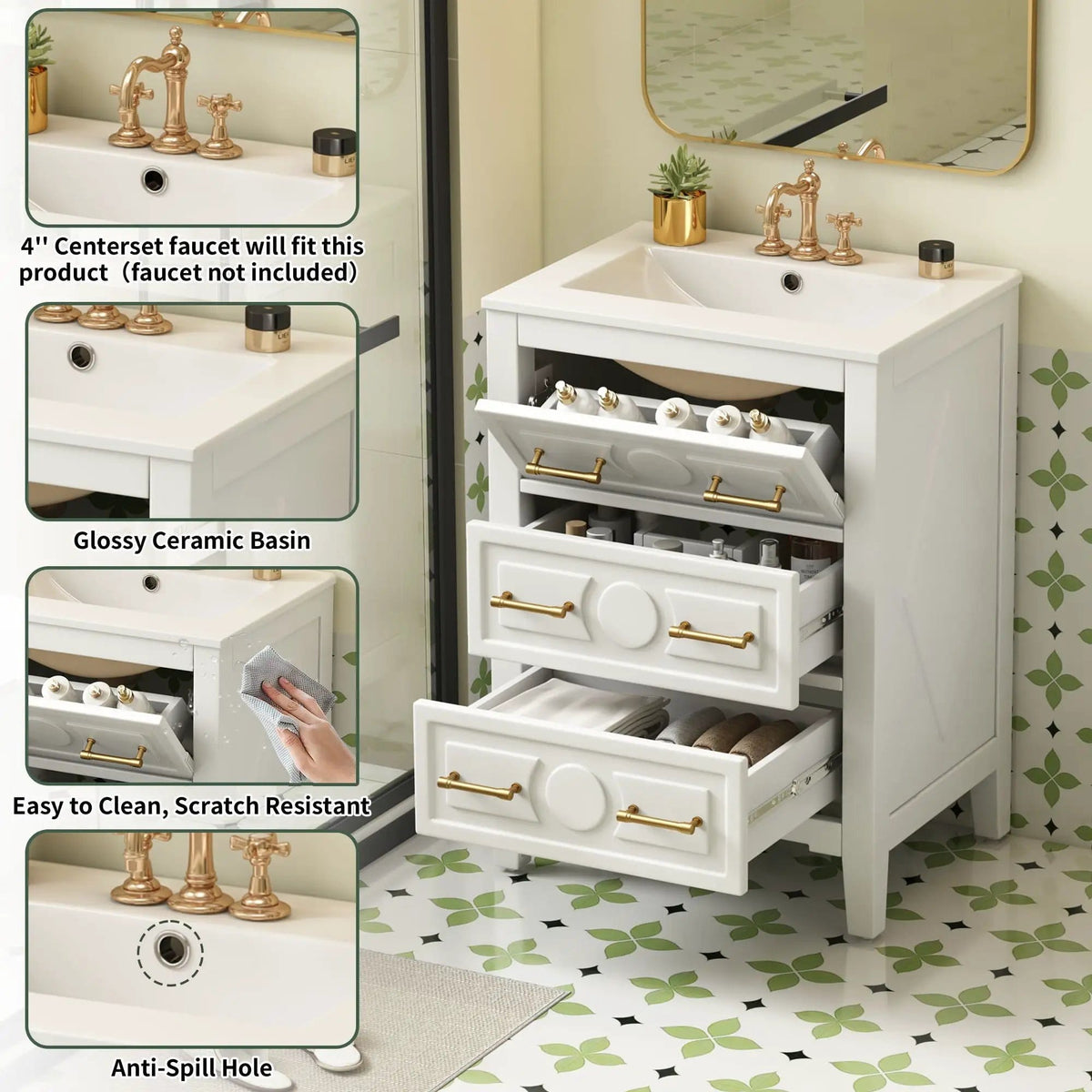 Bathroom Vanity With Sink, Free Standing Single Set, 3 Drawer Storage Cabinet | 2 Pieces | Solid Wood & Ceramic | Bathroom