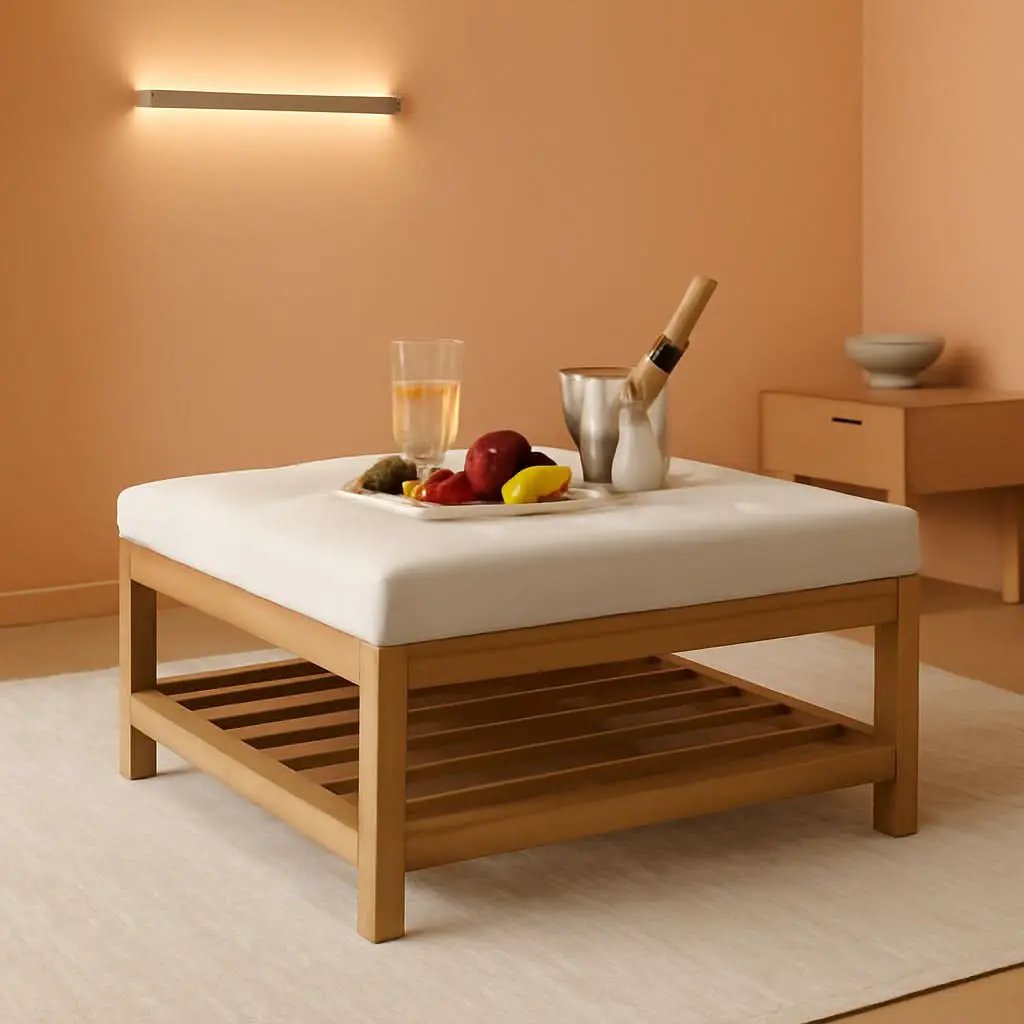 Oversized Ivory Upholstered Ottoman With Wooden Shelf from PriceLows™