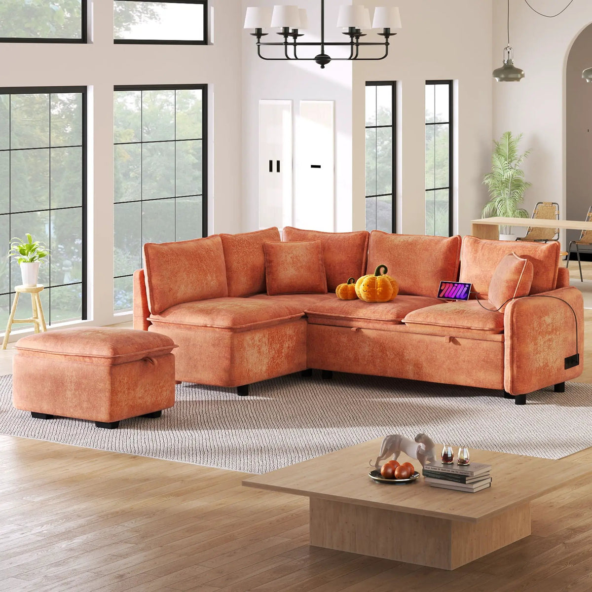 Convertible Sofa Bed | L Shaped Sectional | Storage Ottoman | Two USB Ports