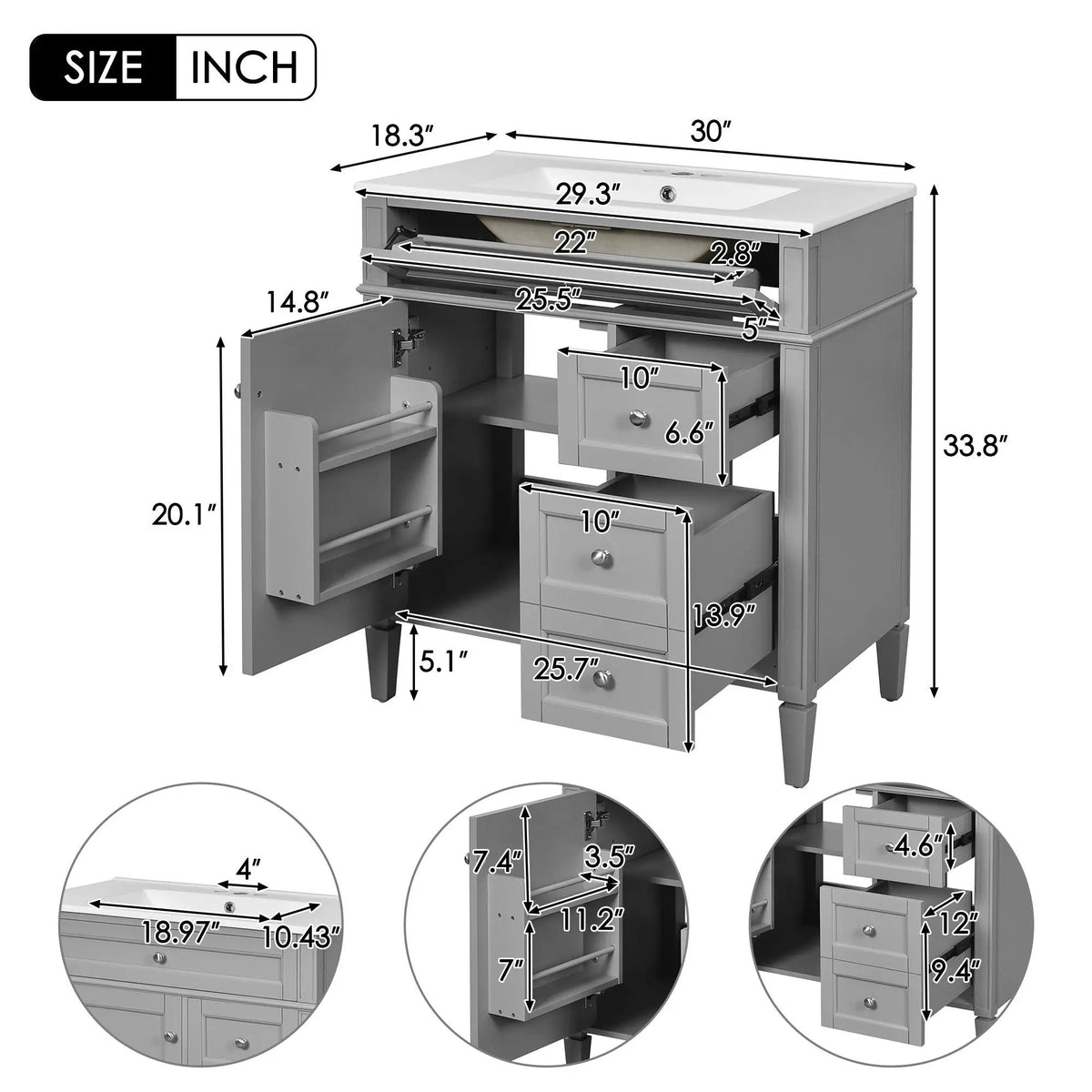 30 Inch Bathroom Vanity With Top Sink | 2 Drawers | Tip-Out Drawer | Vintage-Inspired Handles
